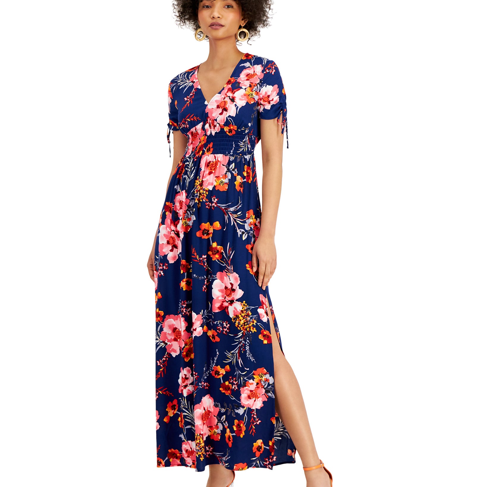 Bar III Women Floral Print V Neck Smocked Waist Maxi Dress