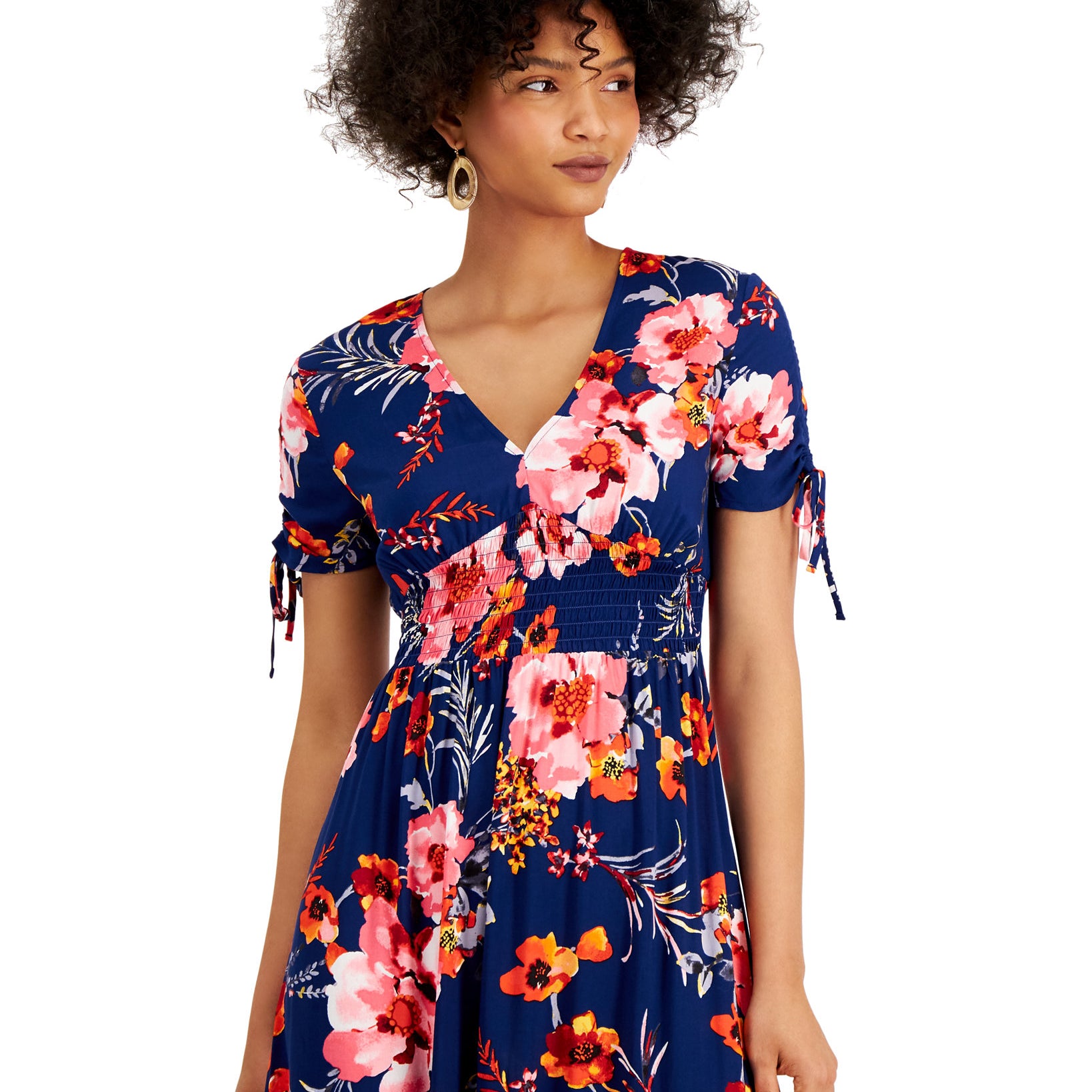Bar III Women Floral Print V Neck Smocked Waist Maxi Dress