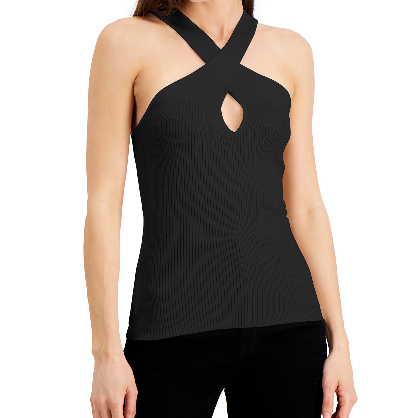 INC International Concepts Women Ribbed Halter Top Deep Black
