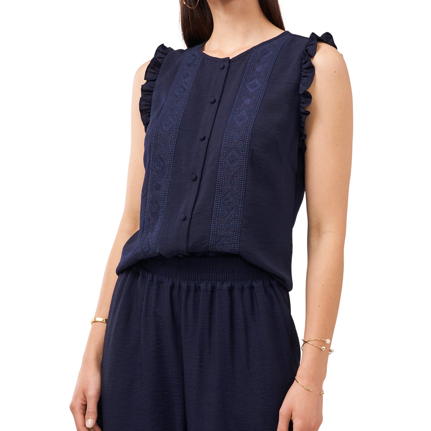 Vince Camuto Women Petite Embroidered Sleeveless Top Classic Navy