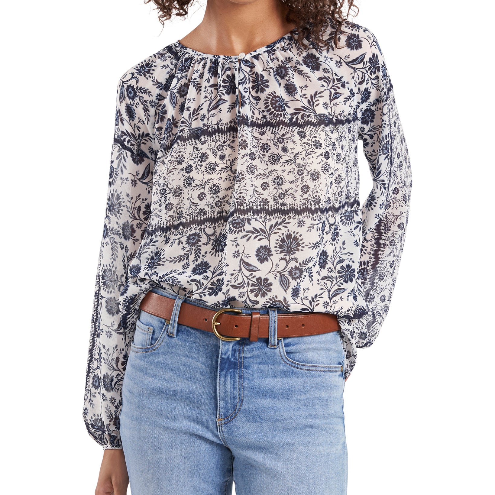 Vince Camuto Women Petite Floral Keyhole Peasant Top New Ivory