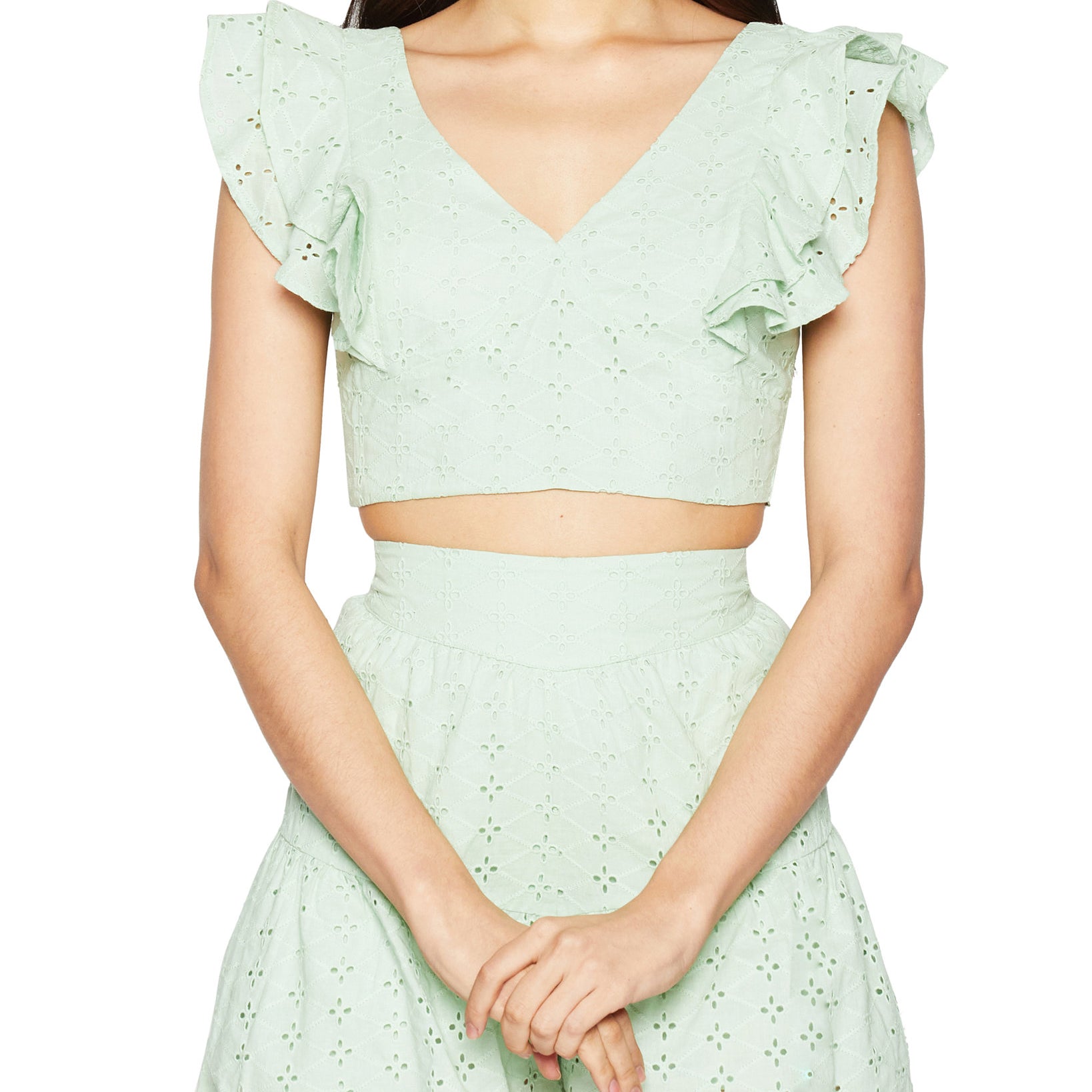 BCBGeneration Women Ruffle Sleeve Cotton Eyelet Top Mint