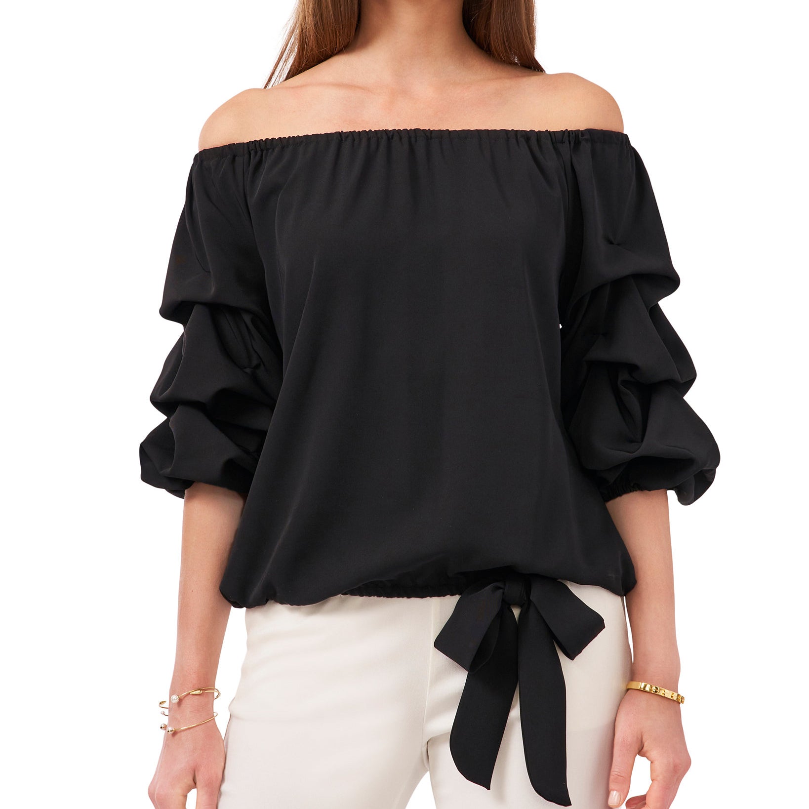 MSK Women Solid Off The Shoulder Bell Sleeve Tie Hem Top Black