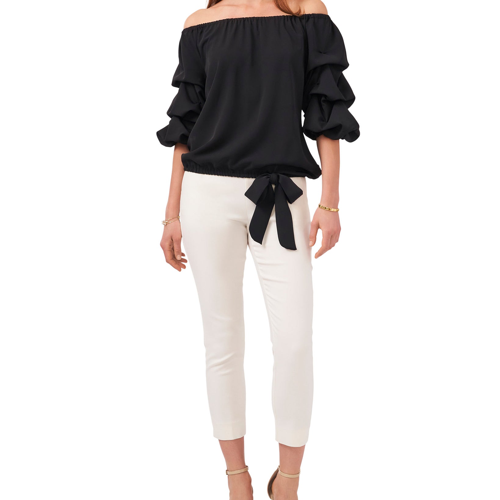 MSK Women Solid Off The Shoulder Bell Sleeve Tie Hem Top