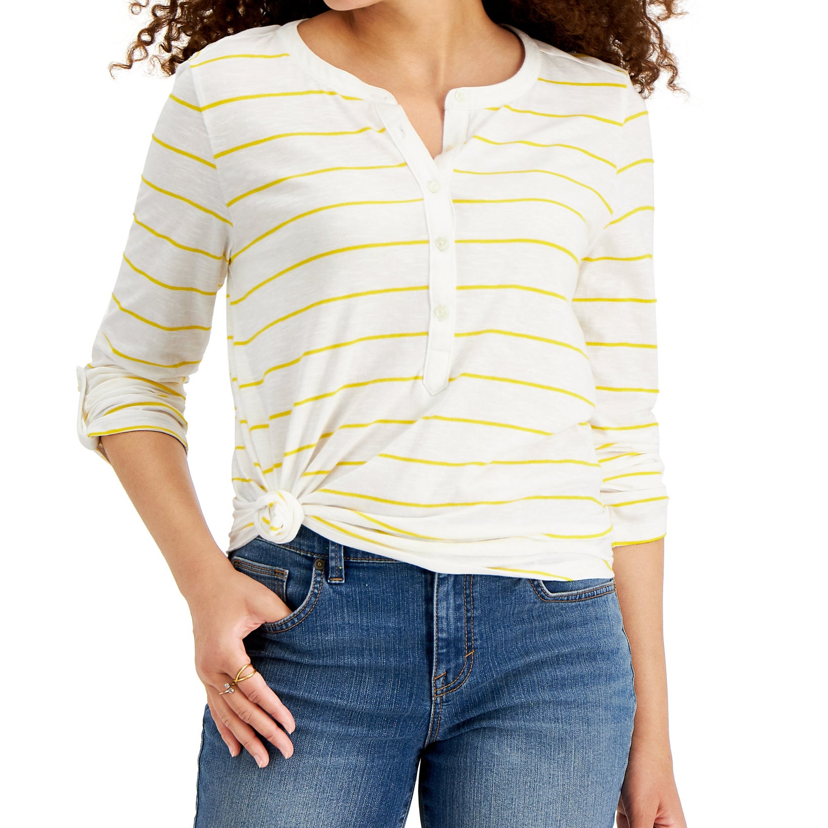 Style & Co Women Petite Cotton Striped Henley T Shirt White Stripe
