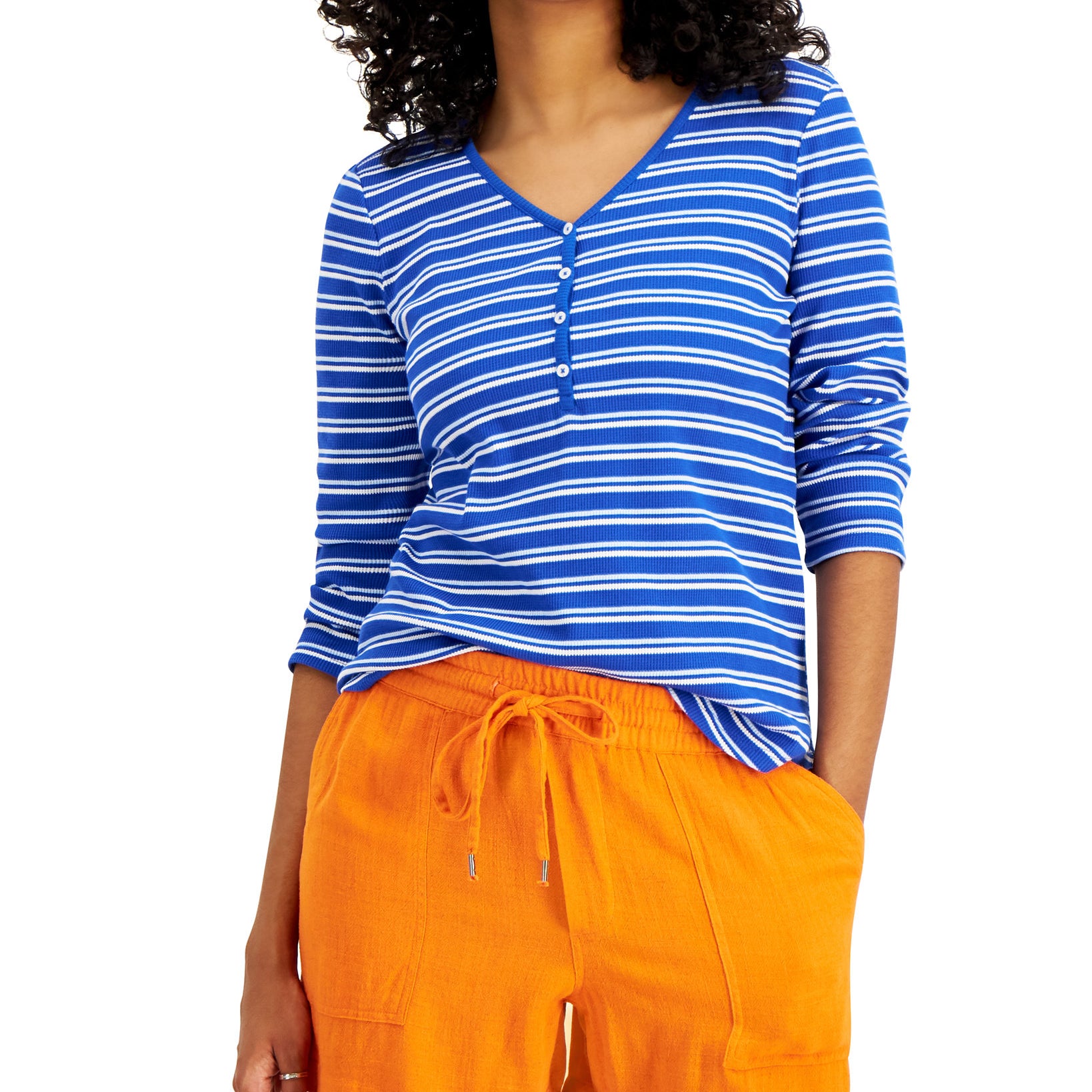Style & Co Women Striped Waffle Knit Henley T Shirt Pinstrpe Cobalt