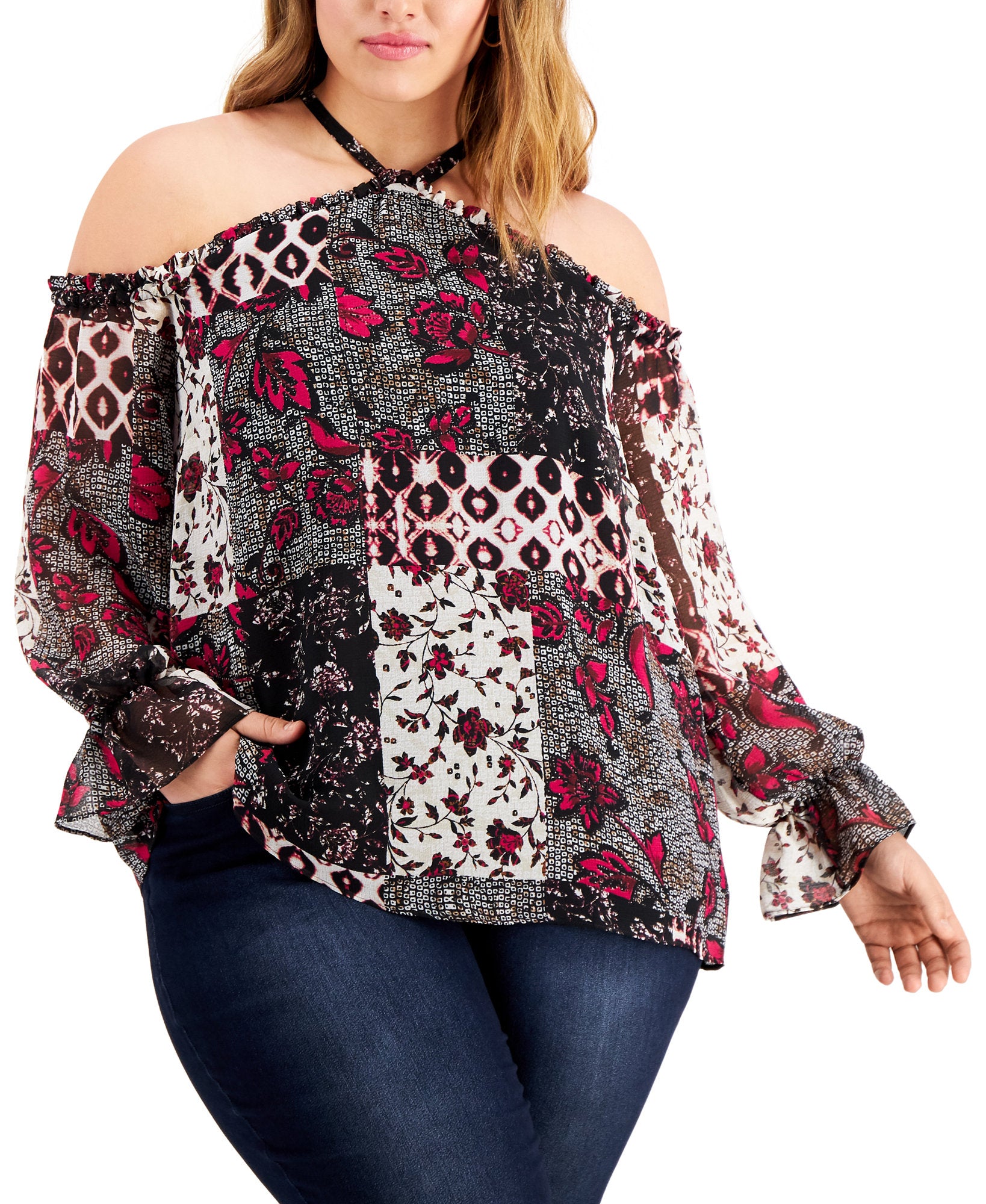 INC International Concepts Women Plus Patchwork Cold Shoulder Top Nomad Mix