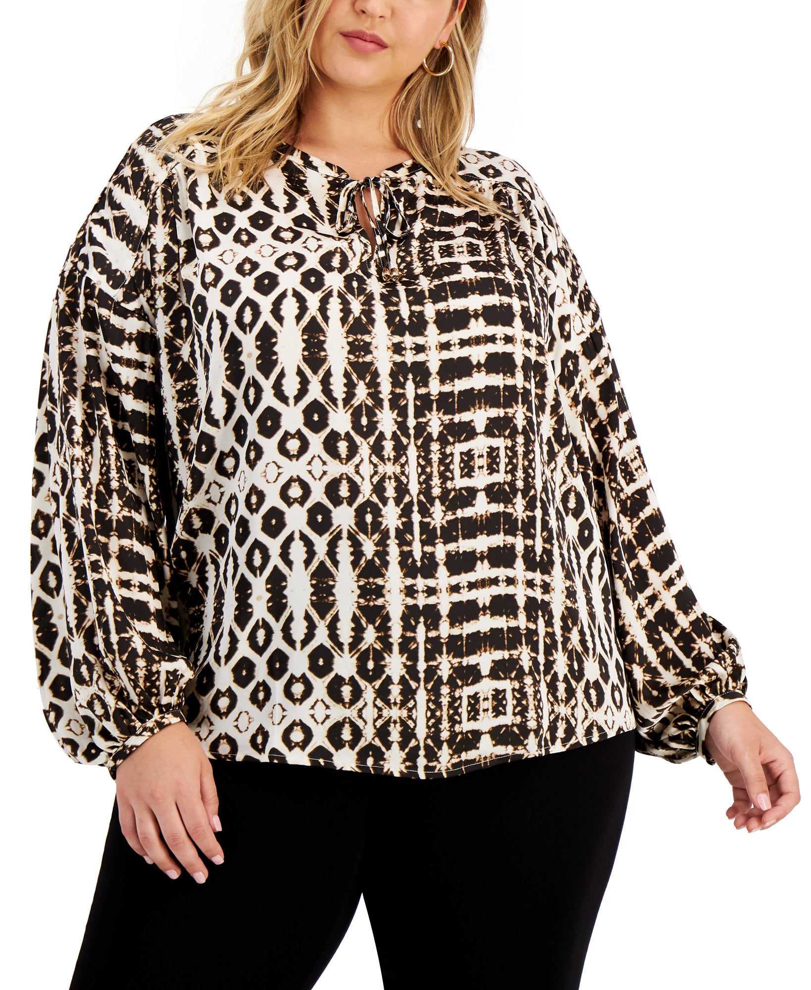 INC International Concepts Women Plus Tie Dye Charm Peasant Top Batik Maze