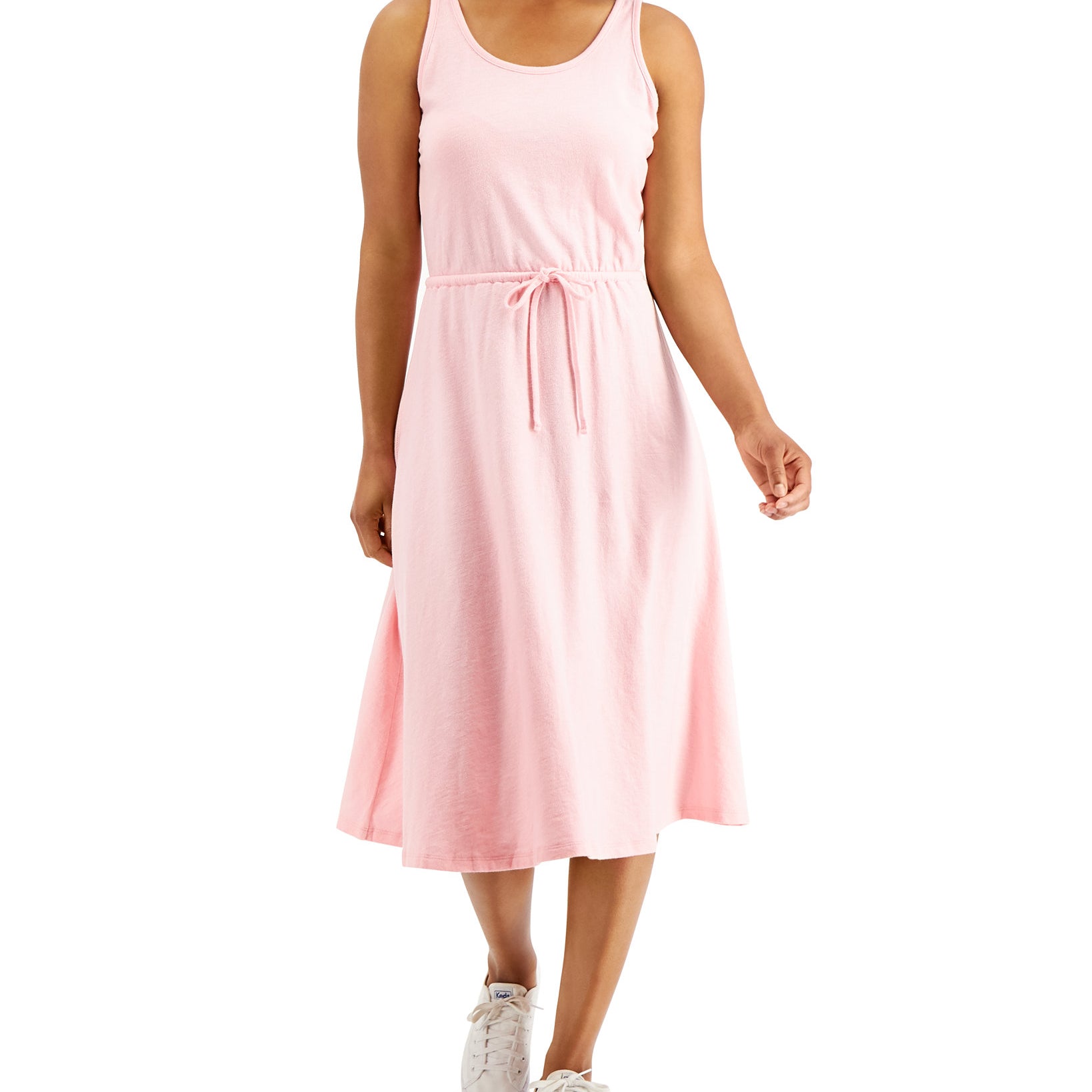 Style & Co Women Drawstring Waist Cotton Midi Dress Pink Icing