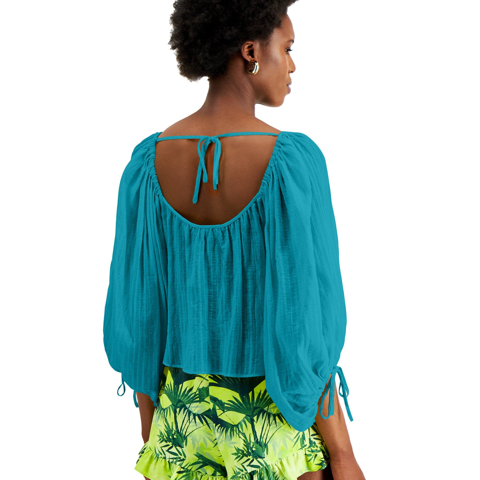 INC International Concepts Women Cotton Tie Back Peasant Top