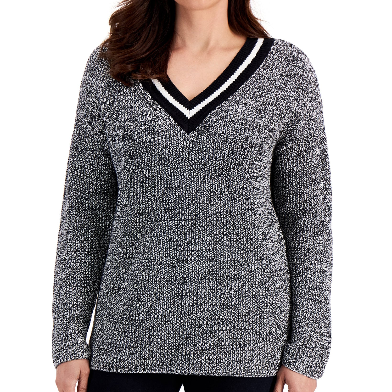Karen Scott Women Contrast Varsity Striped V Neck Sweater Deep Black Combo