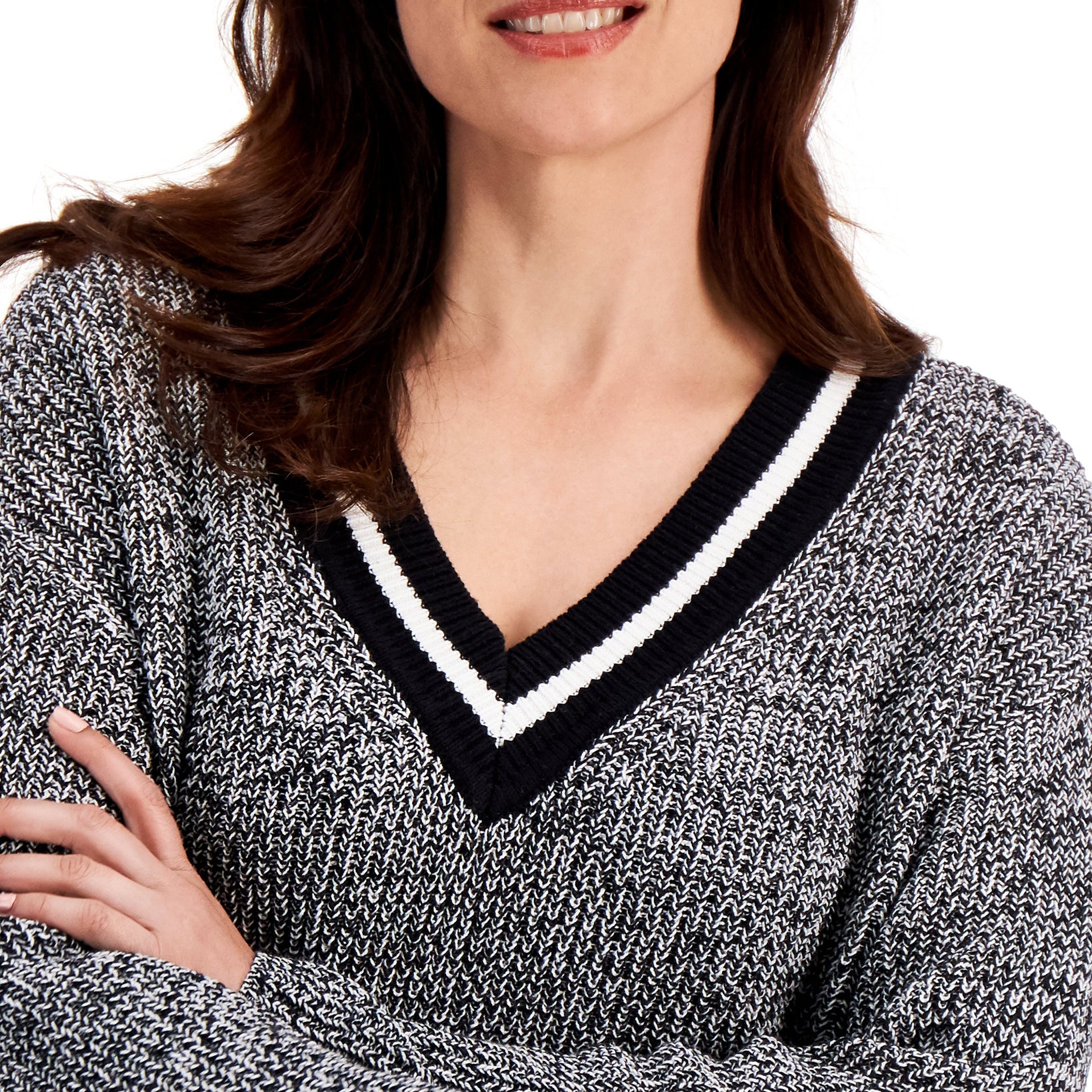 Karen Scott Women Contrast Varsity Striped V Neck Sweater