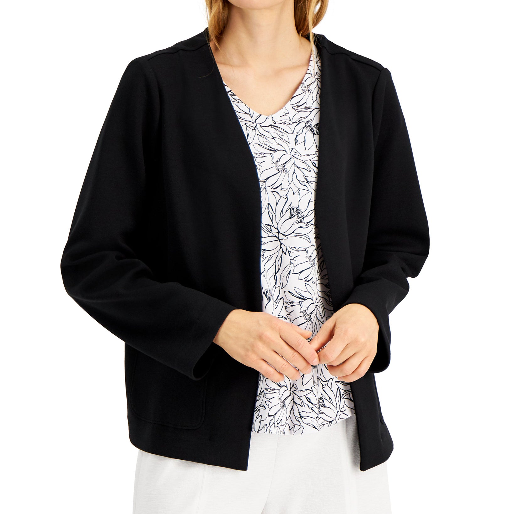 Alfani Women Jersey Knit Open Front Jacket Deep Black