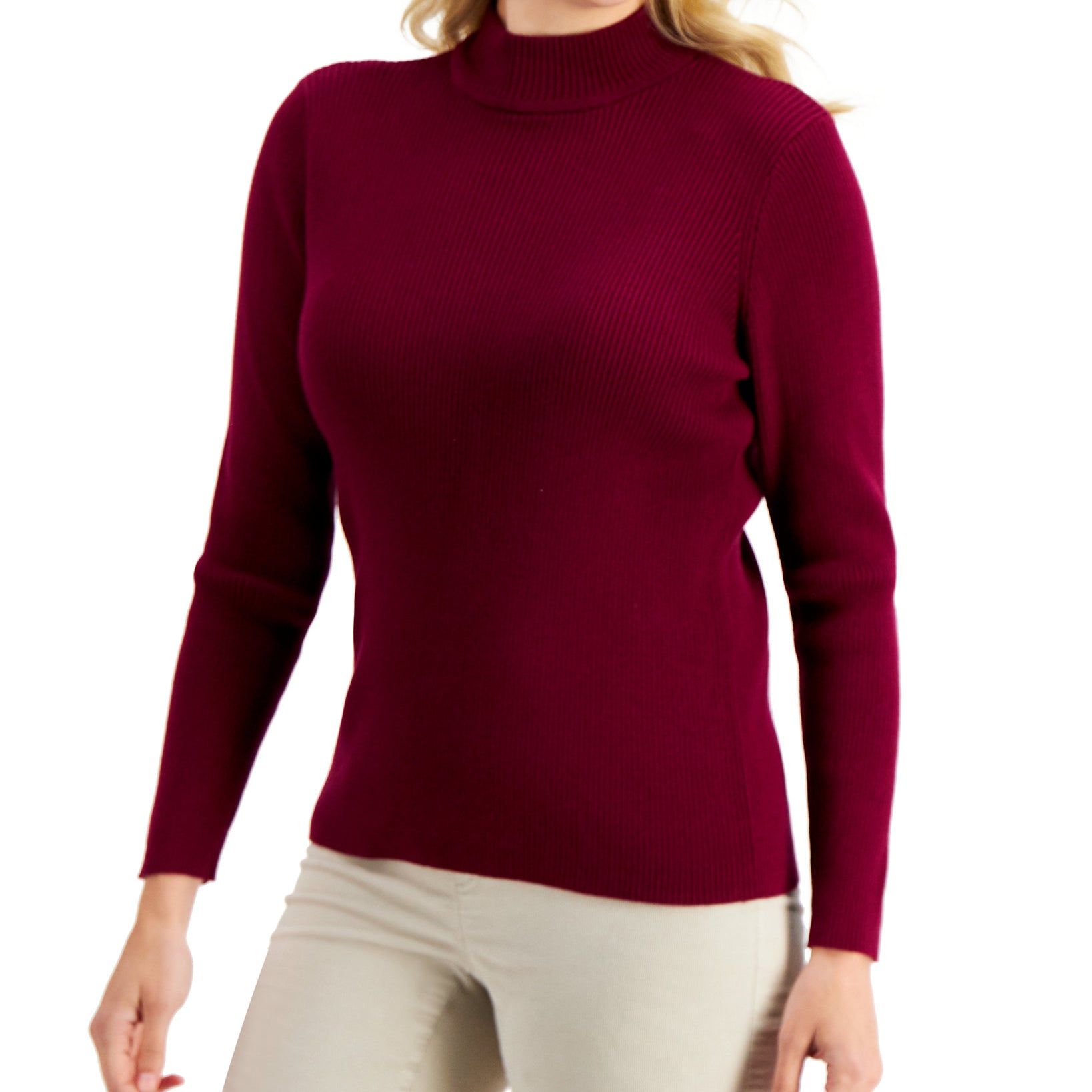 Karen Scott Women Cotton Solid Rib Mock Neck Sweater Merlot
