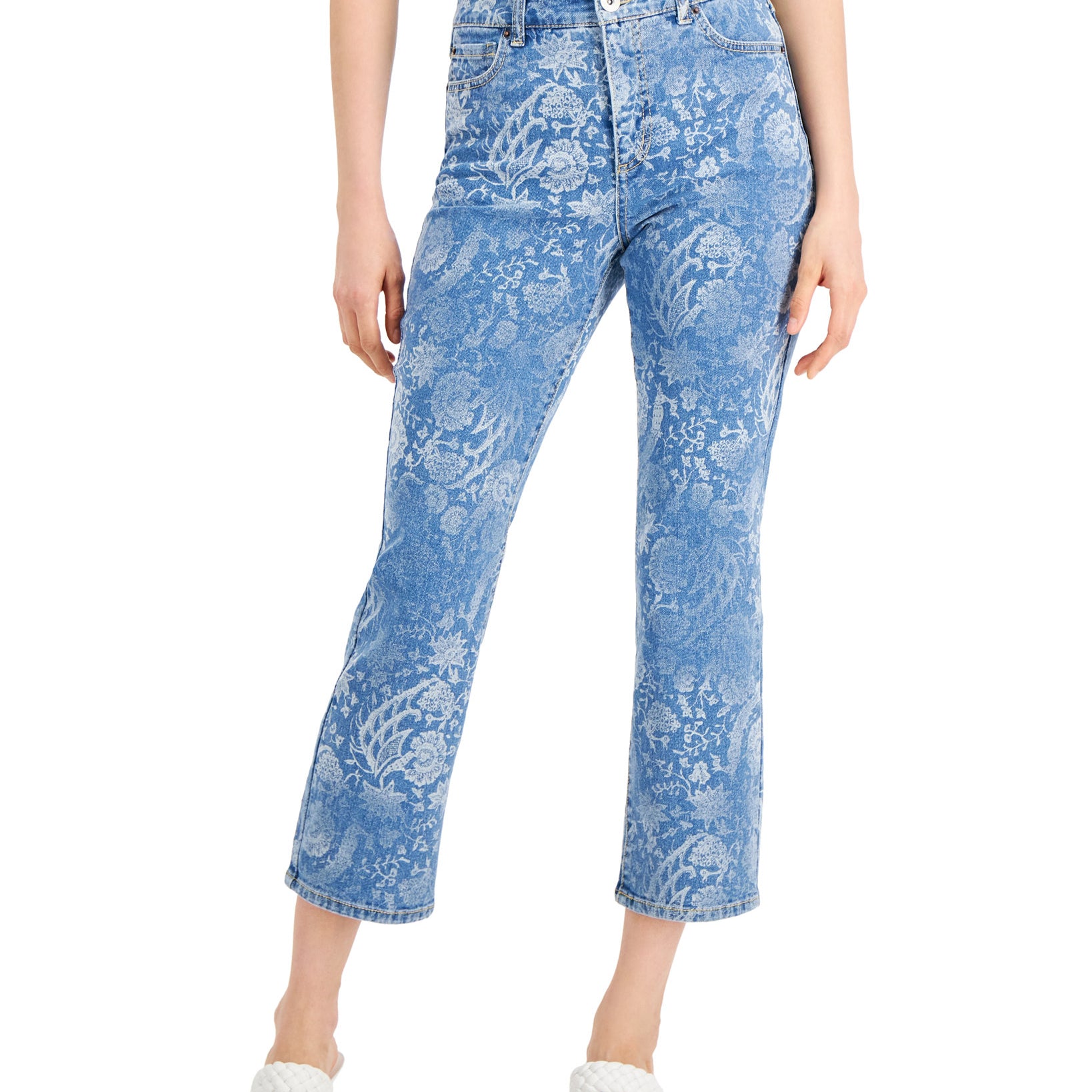 INC International Concepts Women High Rise Printed Cropped Straight Leg Jeans Light Indigo