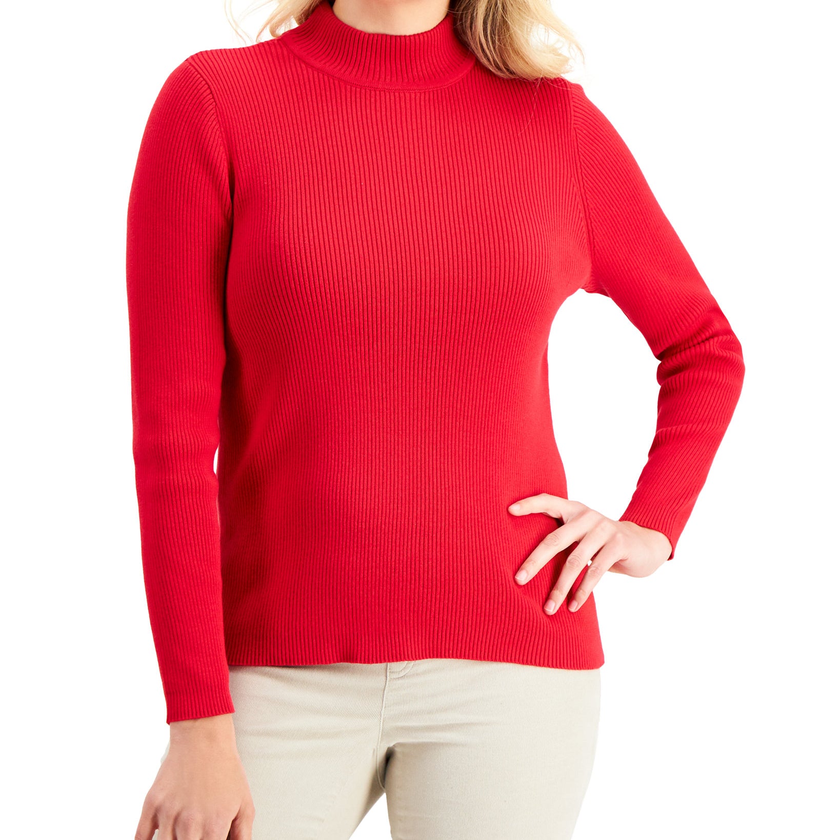 Karen Scott Women Cotton Solid Rib Mock Neck Sweater New Red Amore