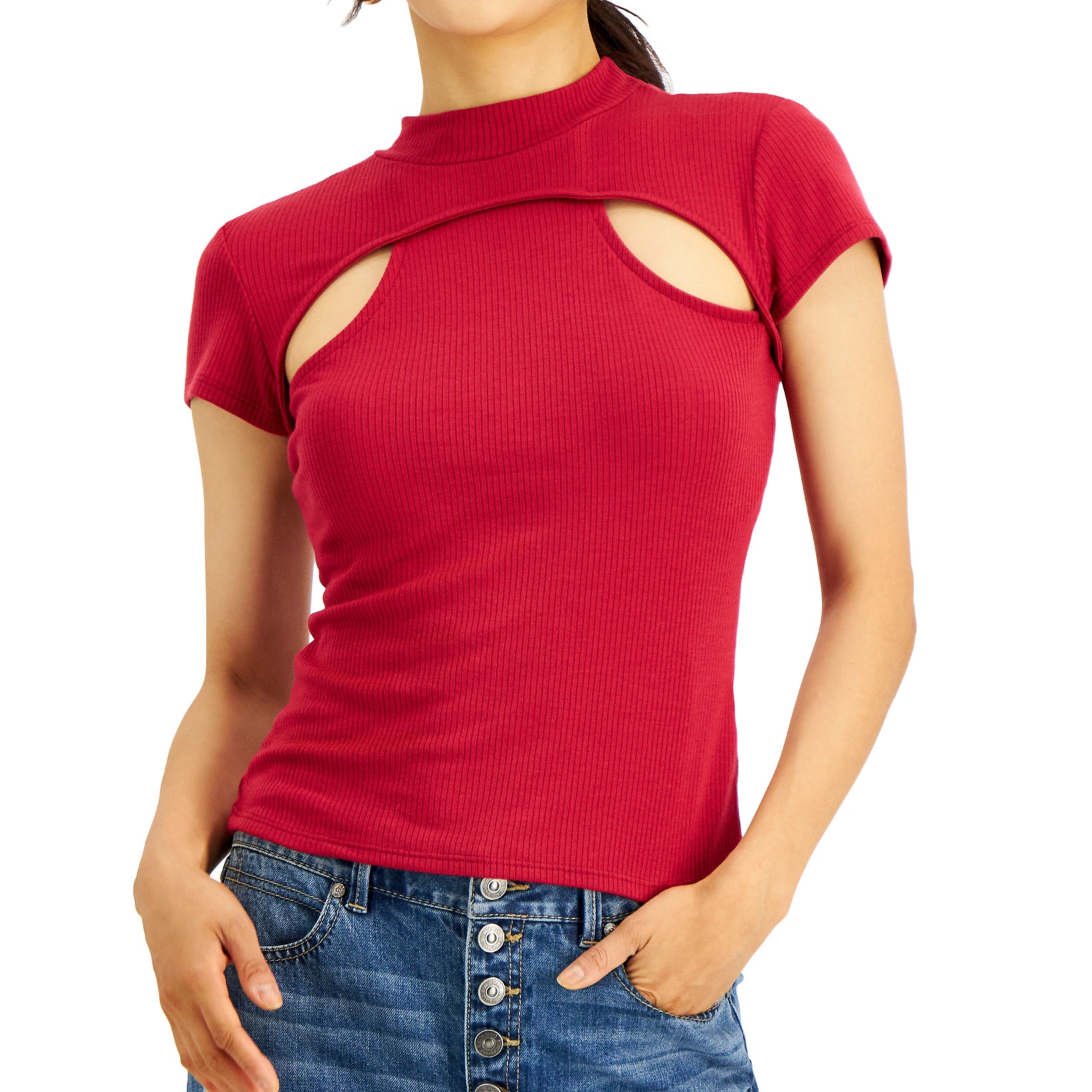 Crave Fame Women Mock Neck Bolero Persian Red