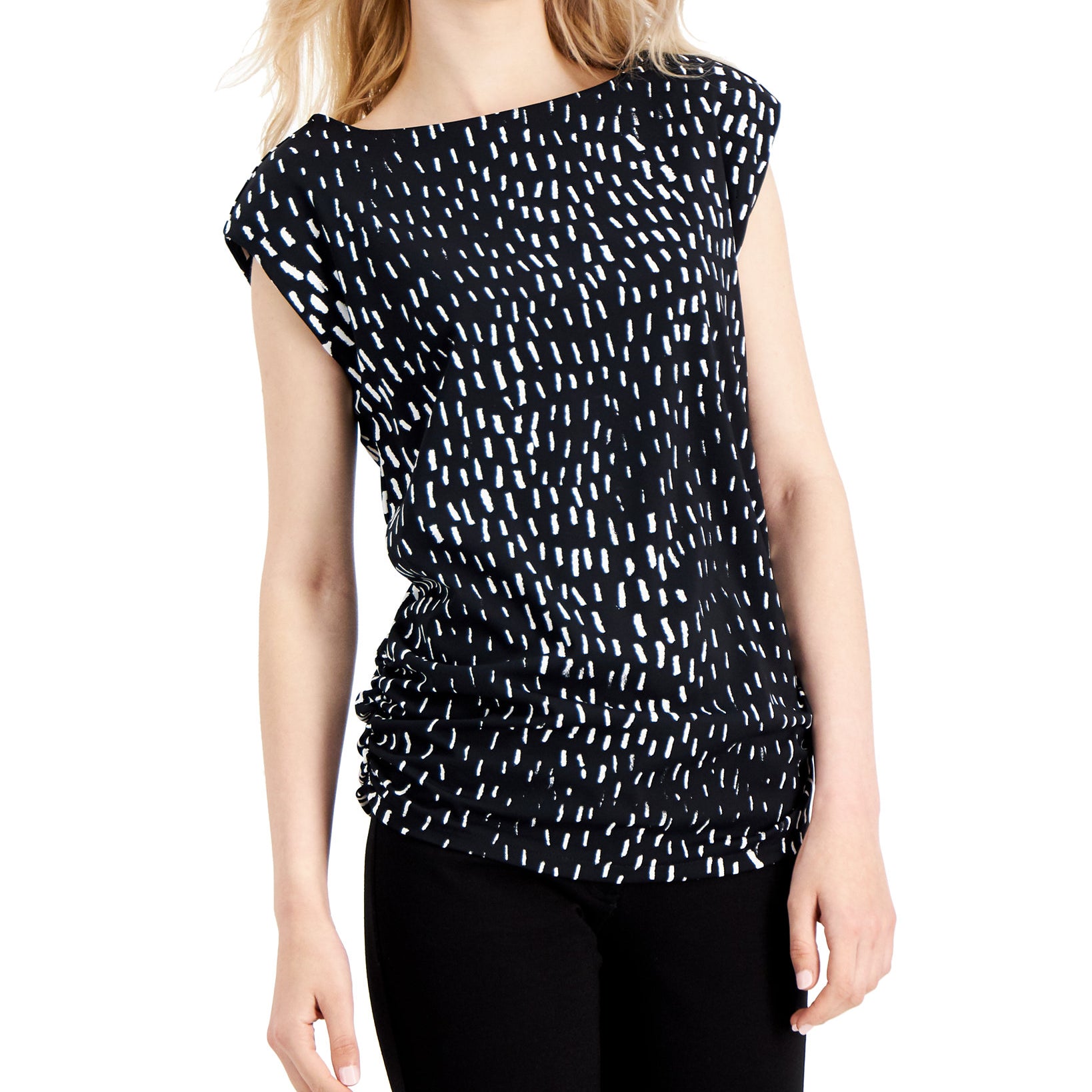 Alfani Women Abstract Print Ruched Side Top Black Easy Marks