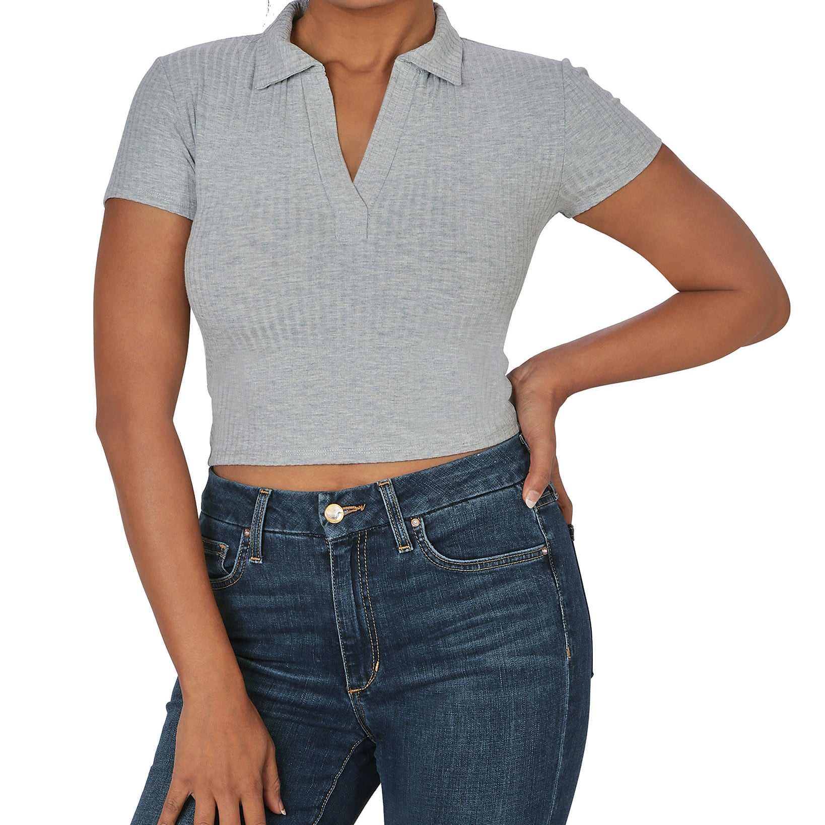 Just-Polly-Women-Ribbed-Polo-Shirt-Heather-Grey
