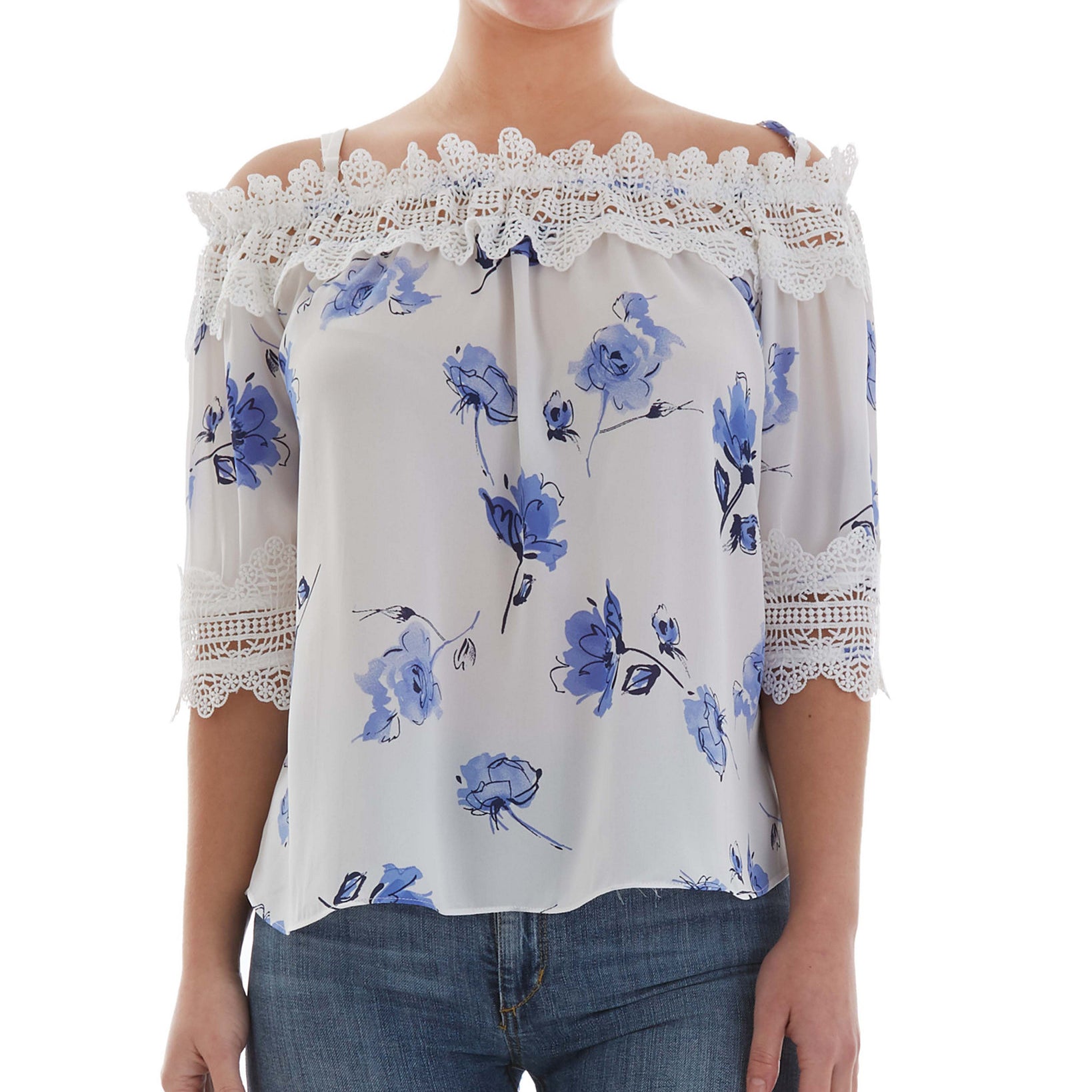 BCX Women 3 4 Sleeve Button Up Top Floral White