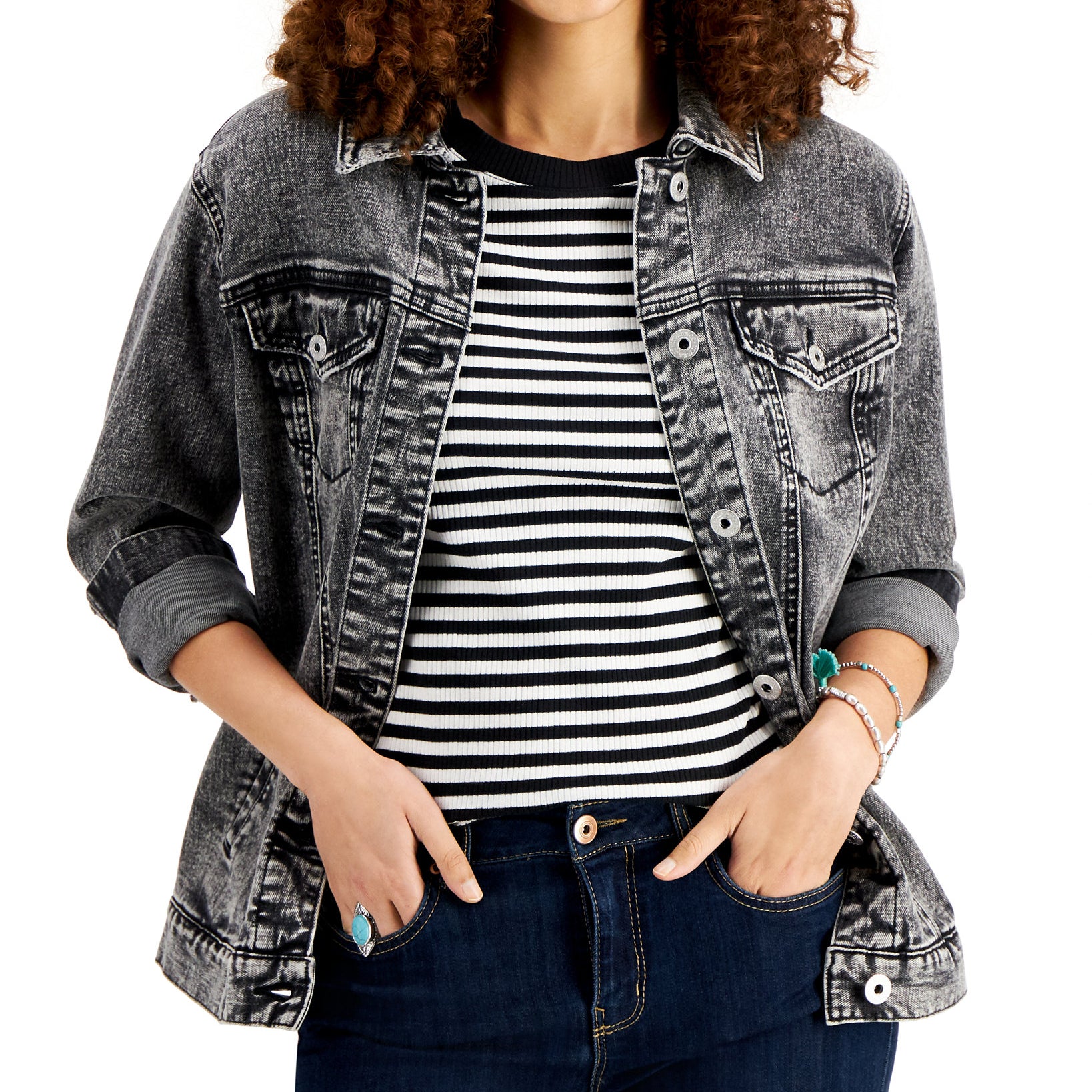 Style & Co Women Denim Trucker Jacket Grey Acid Wash
