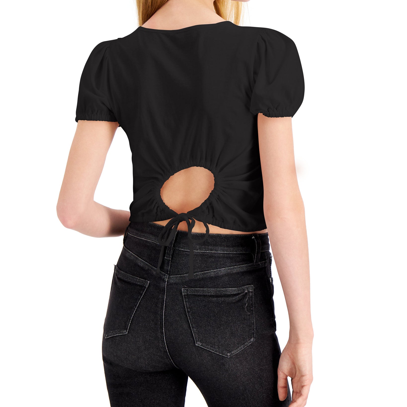 Bar III Women Puff Sleeve Open Back Cotton Top