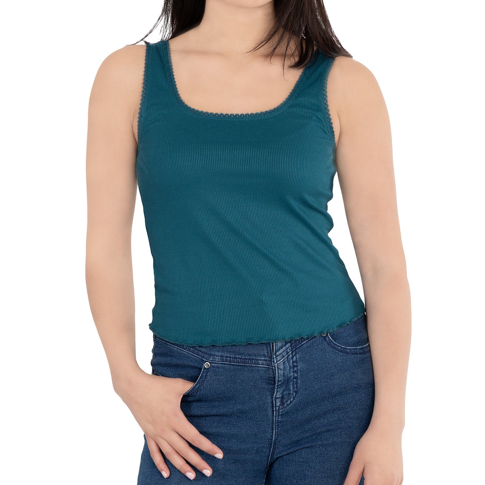 Hippie Rose Women Square Neck Lace Trim Top Dark Teal