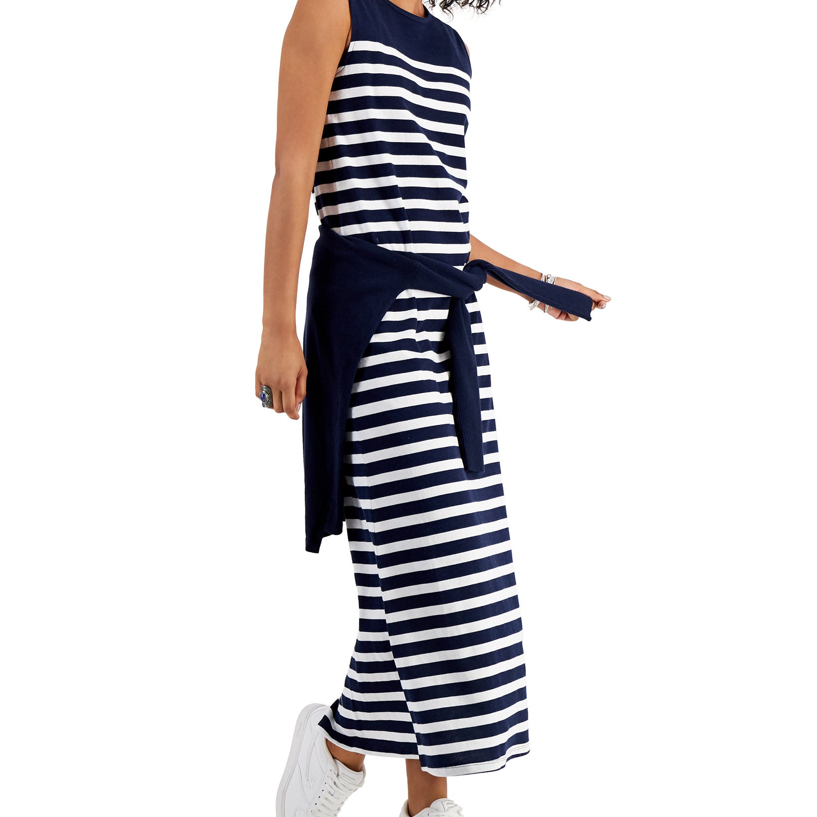 Style & Co Women Cotton Striped Sleeveless Dress Industiral Blue Combo