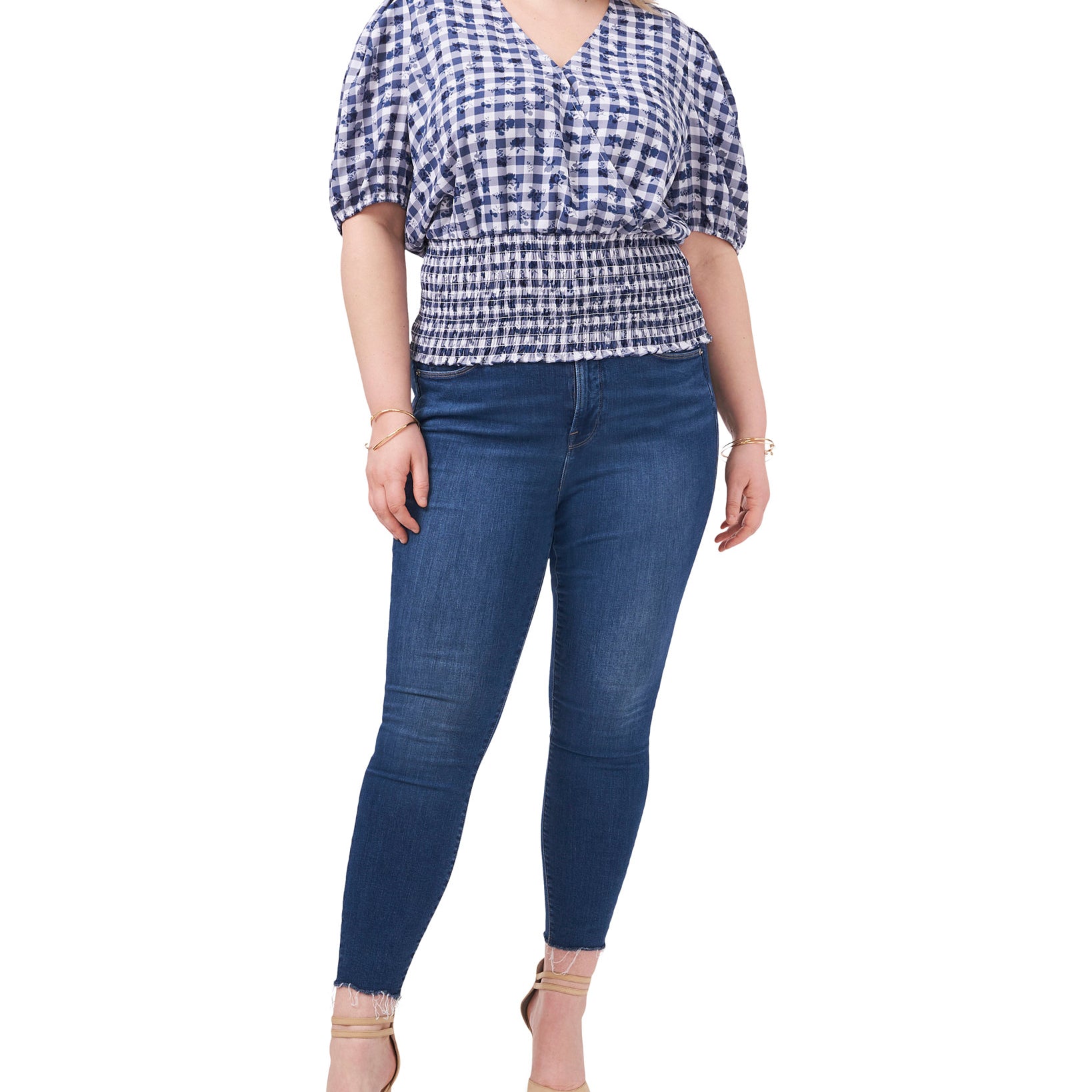 1.STATE Women Plus Smocked Waist Printed Top