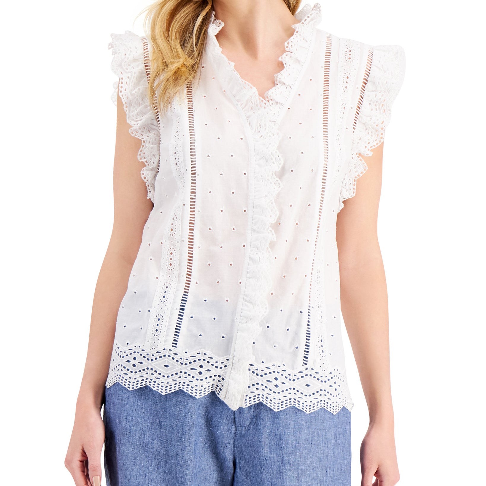 Charter Club Women Cotton Ruffled Eyelet Top Bright White