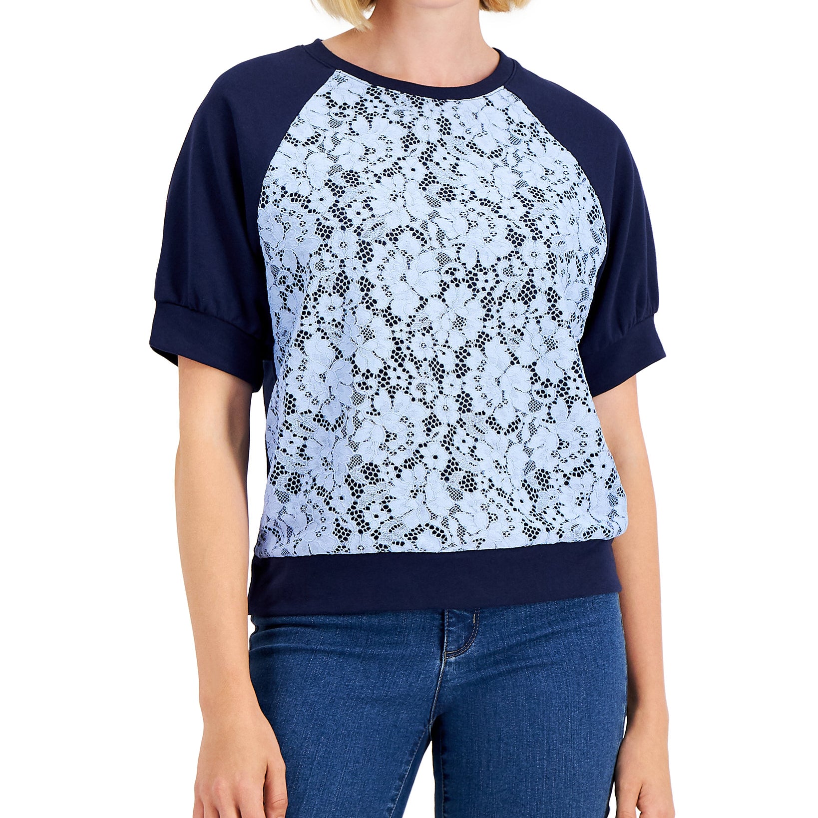Charter Club Women Lace Panel Baseball T Shirt Intrepid Blue