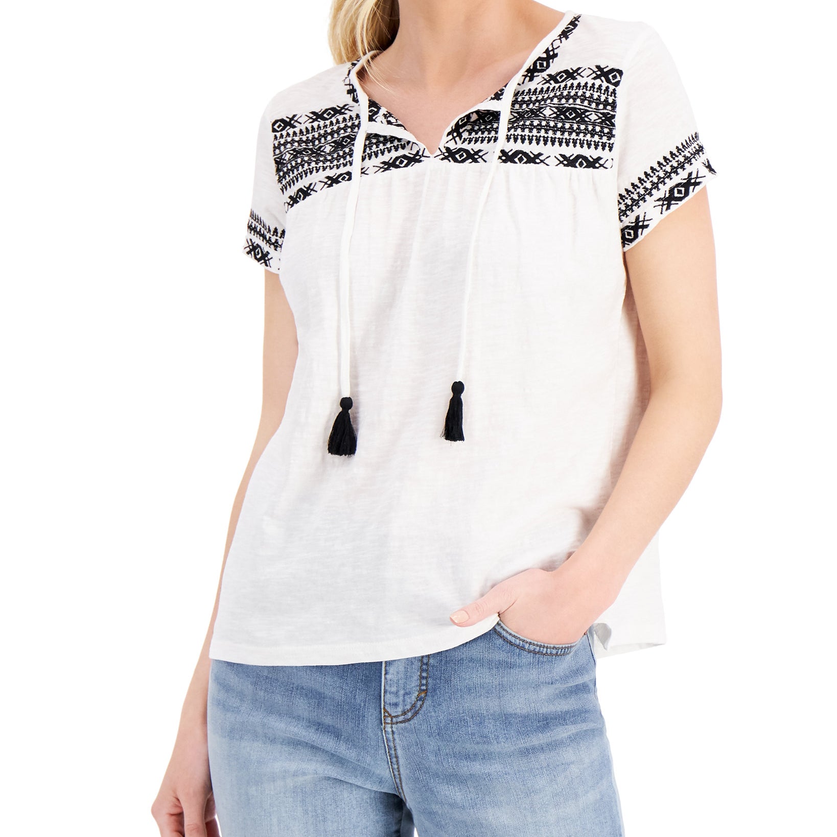 Style & Co Women Cotton Embroidered Vacation Top White Black Combo