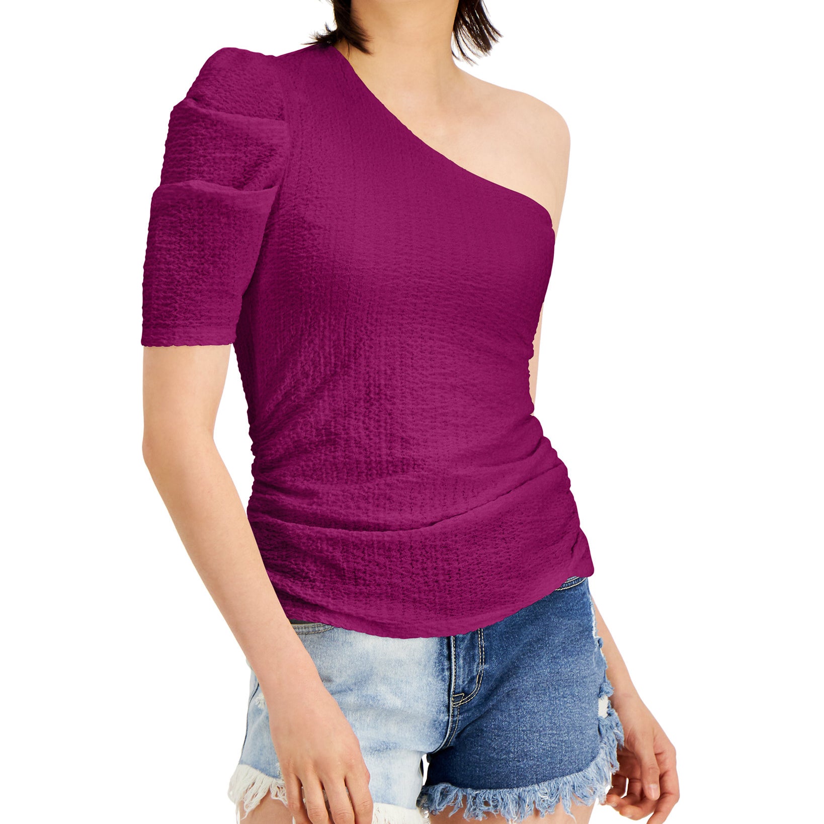 INC International Concepts Women Puckered One Shoulder Top Cranberry Rose