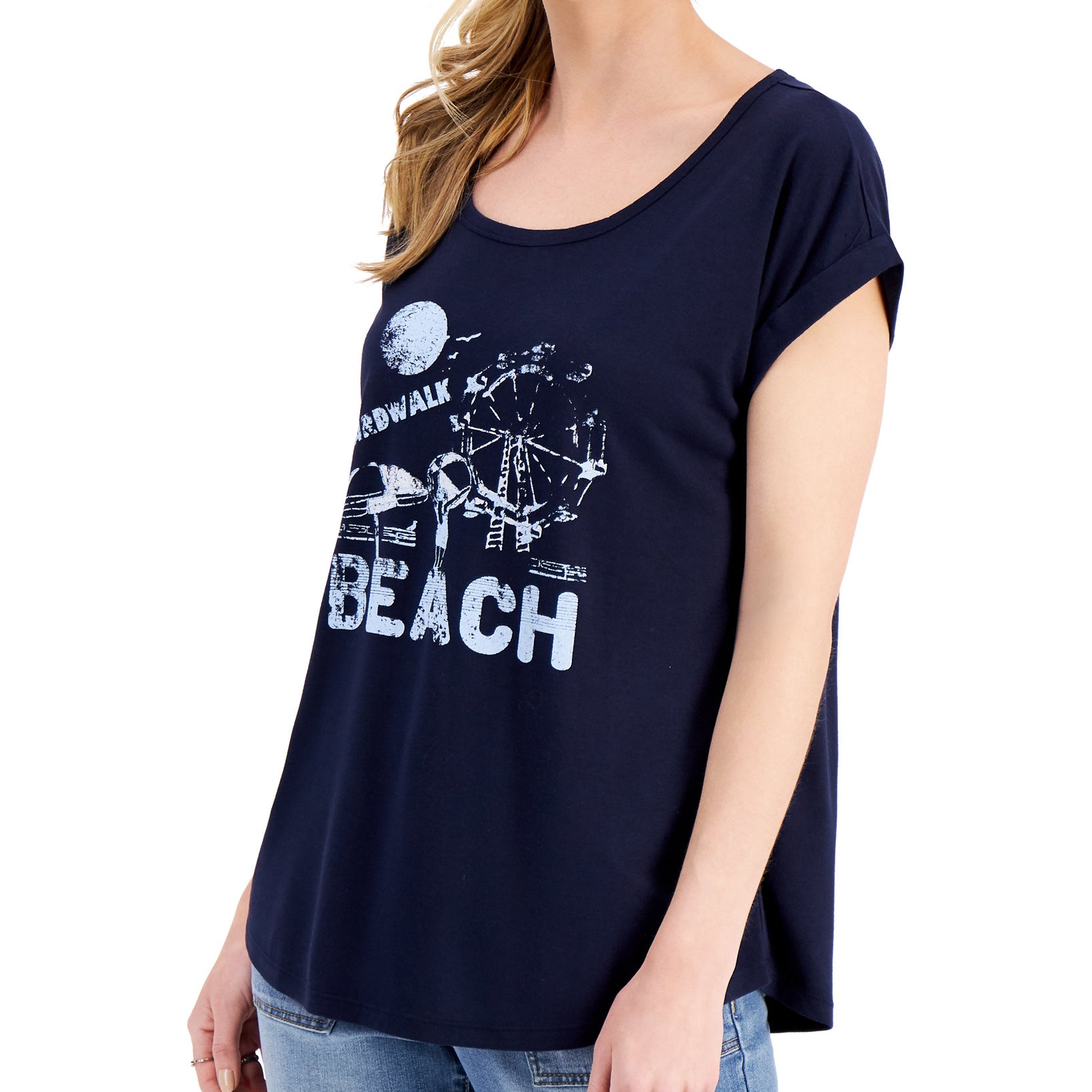Style & Co Women Boardwalk Beach Graphic T Shirt Boardwalk Blue
