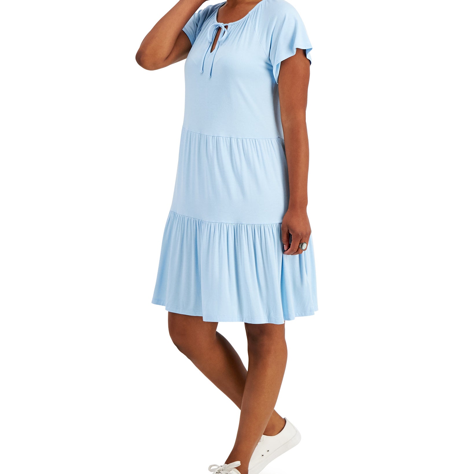 Style & Co Women Tiered Skirt Tie Neck Dress