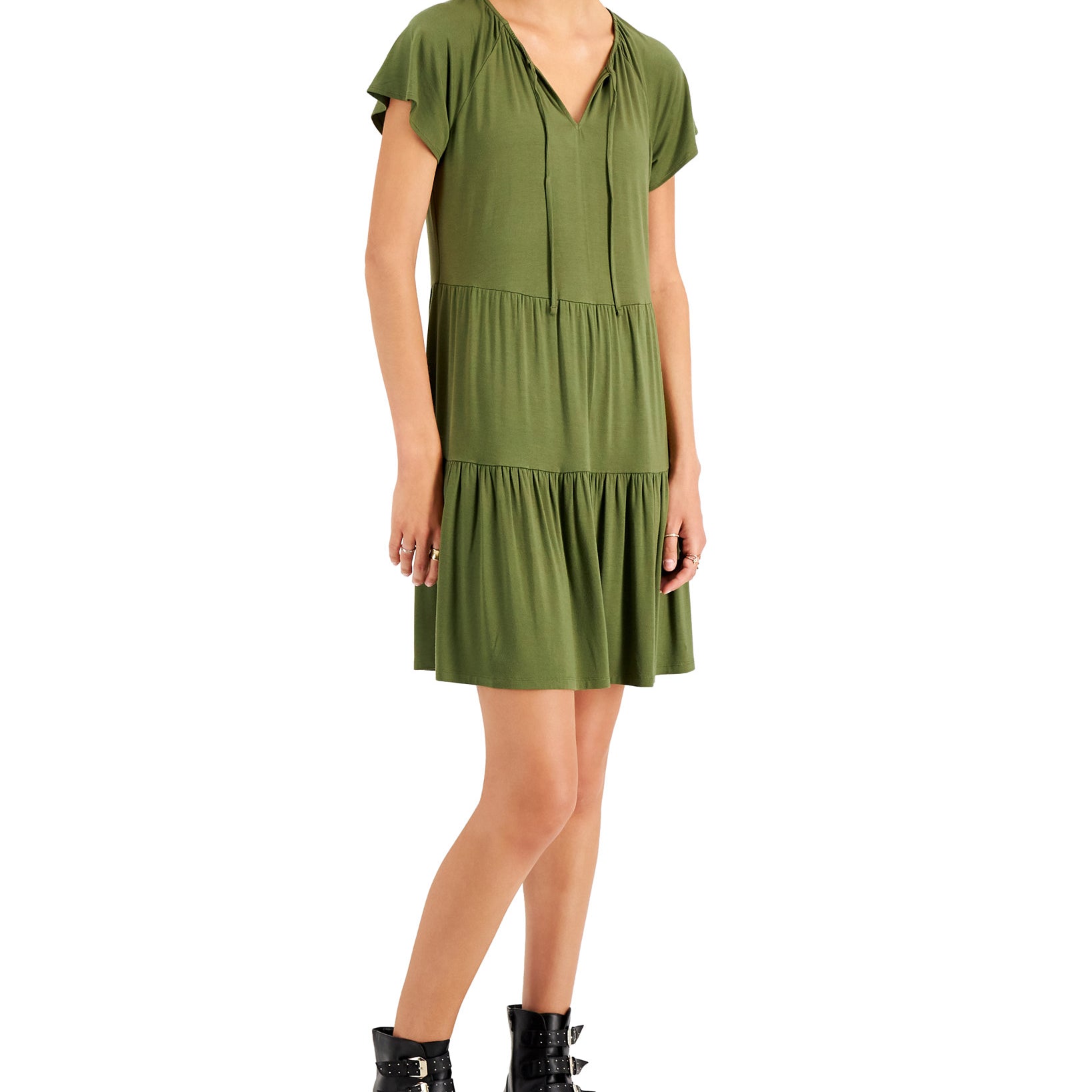 Style & Co Women Tiered Skirt Tie Neck Dress Winter Moss