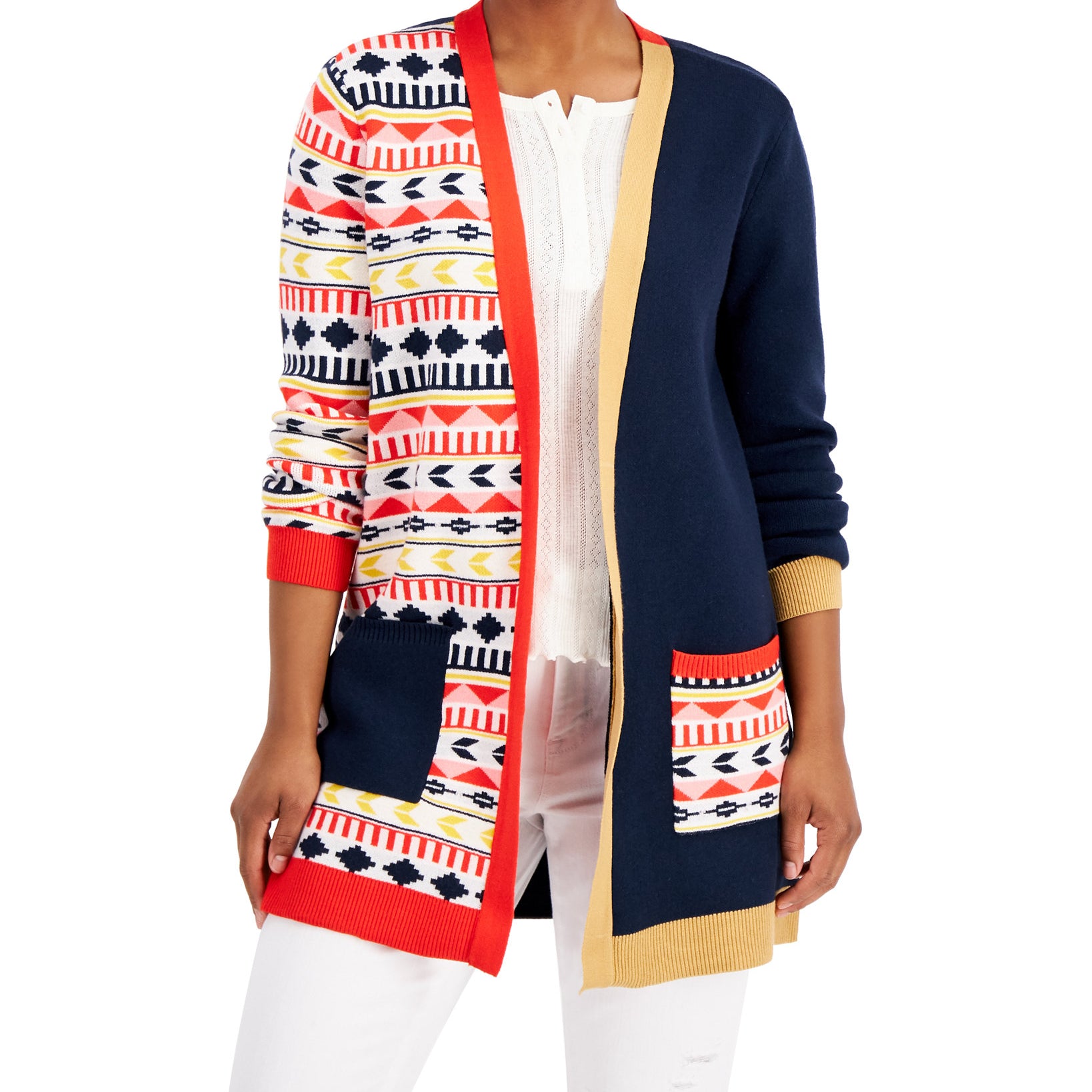 Style & Co Women Mixed Print Open Cardigan Pebble Stripe