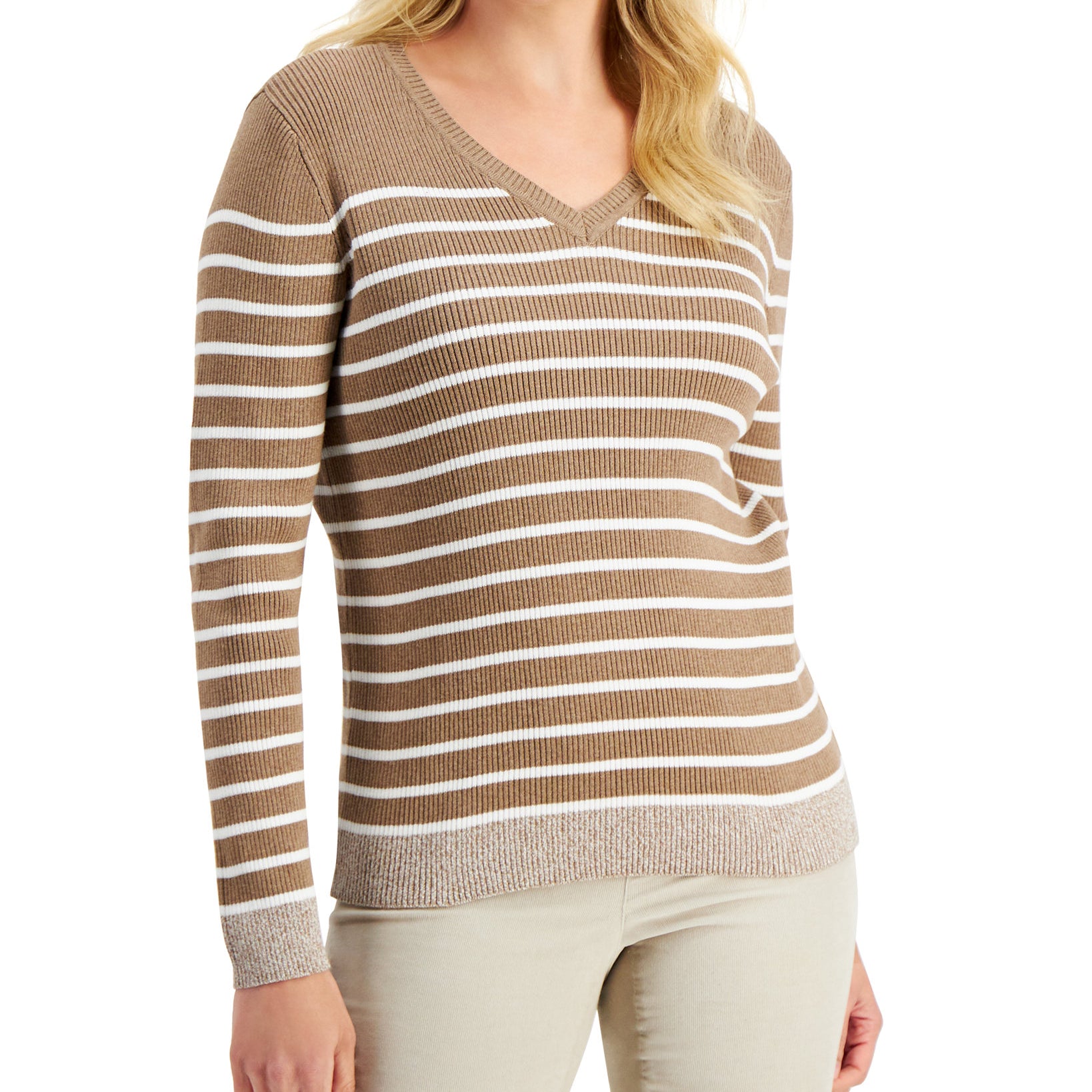 Karen Scott Women Jenny Striped Rib V Neck Sweater Chestnut Heather