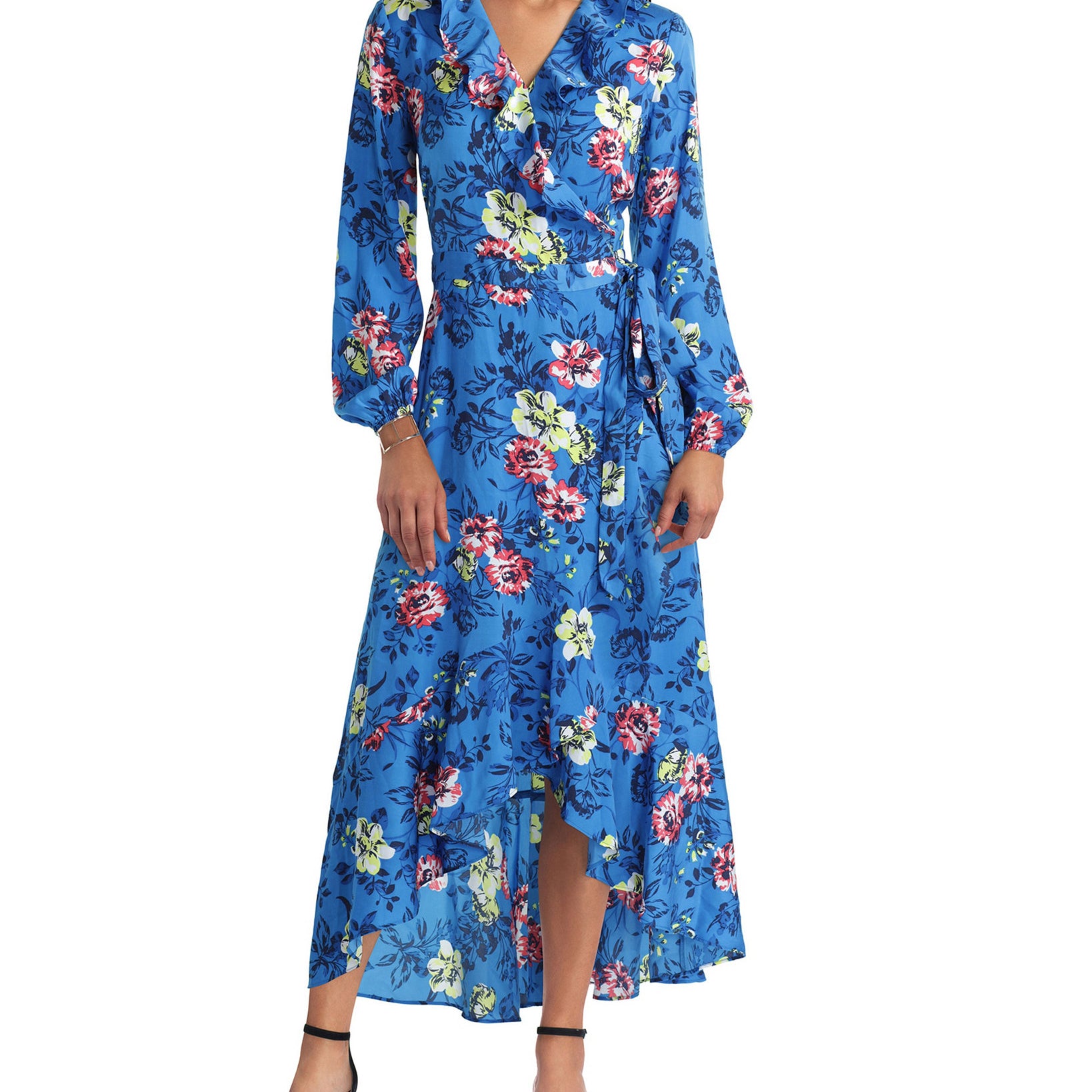 Gigi Parker Women Wrap Dress with Ruffle Neckline Painted Garden Indigo Bunting