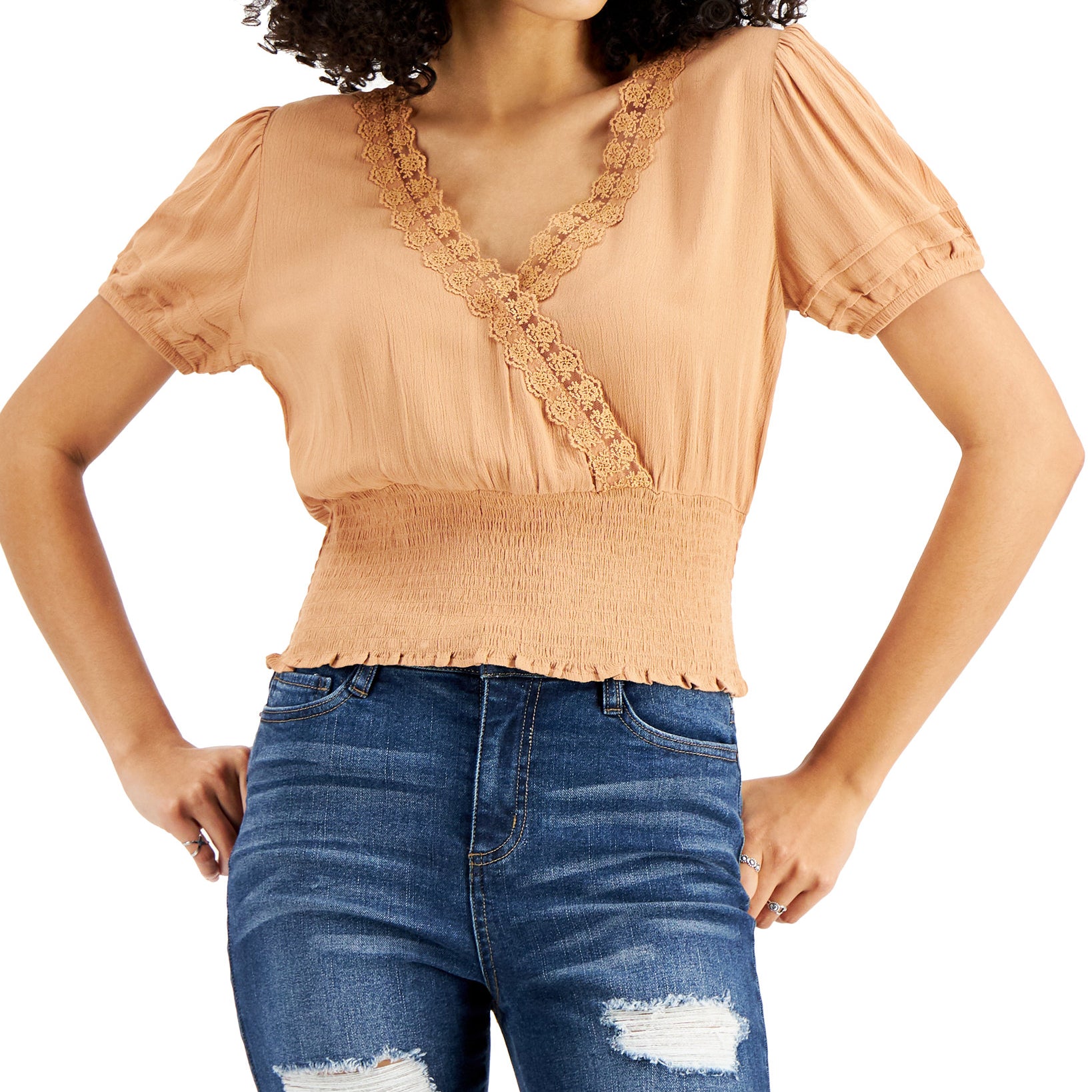 Self Esteem Women Lace Trim Smocked Top Camel