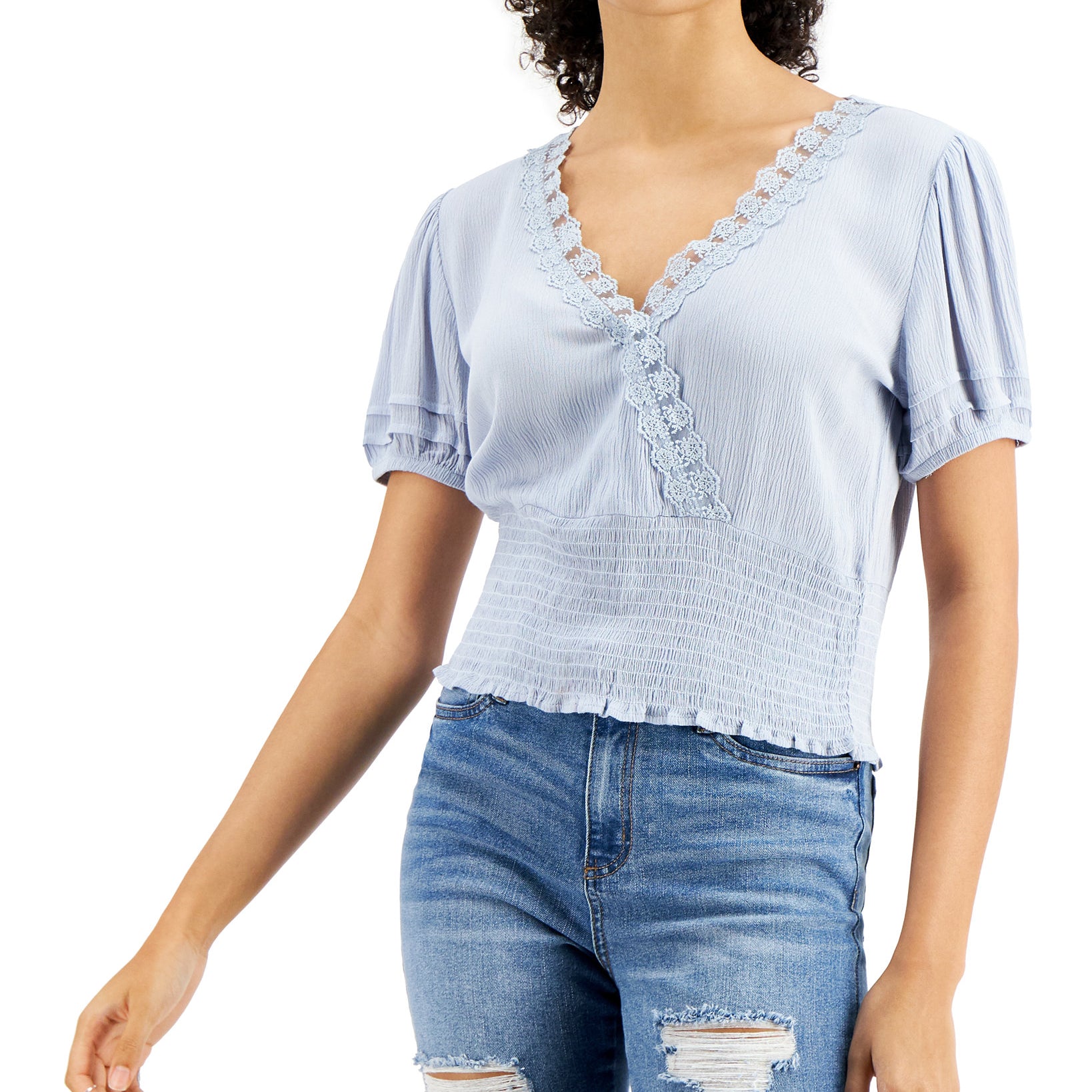 Self Esteem Women Lace Trim Smocked Top