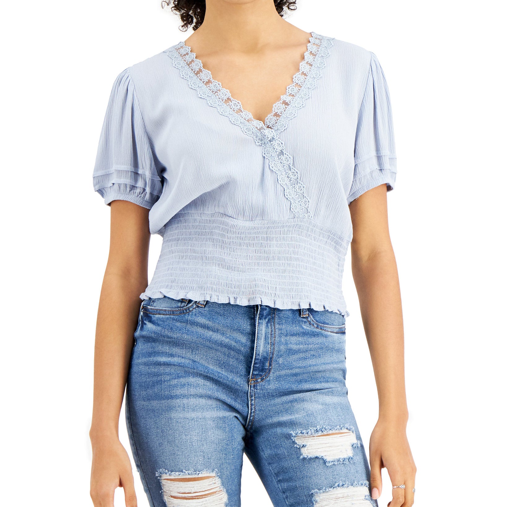 Self Esteem Women Lace Trim Smocked Top Blue Fog