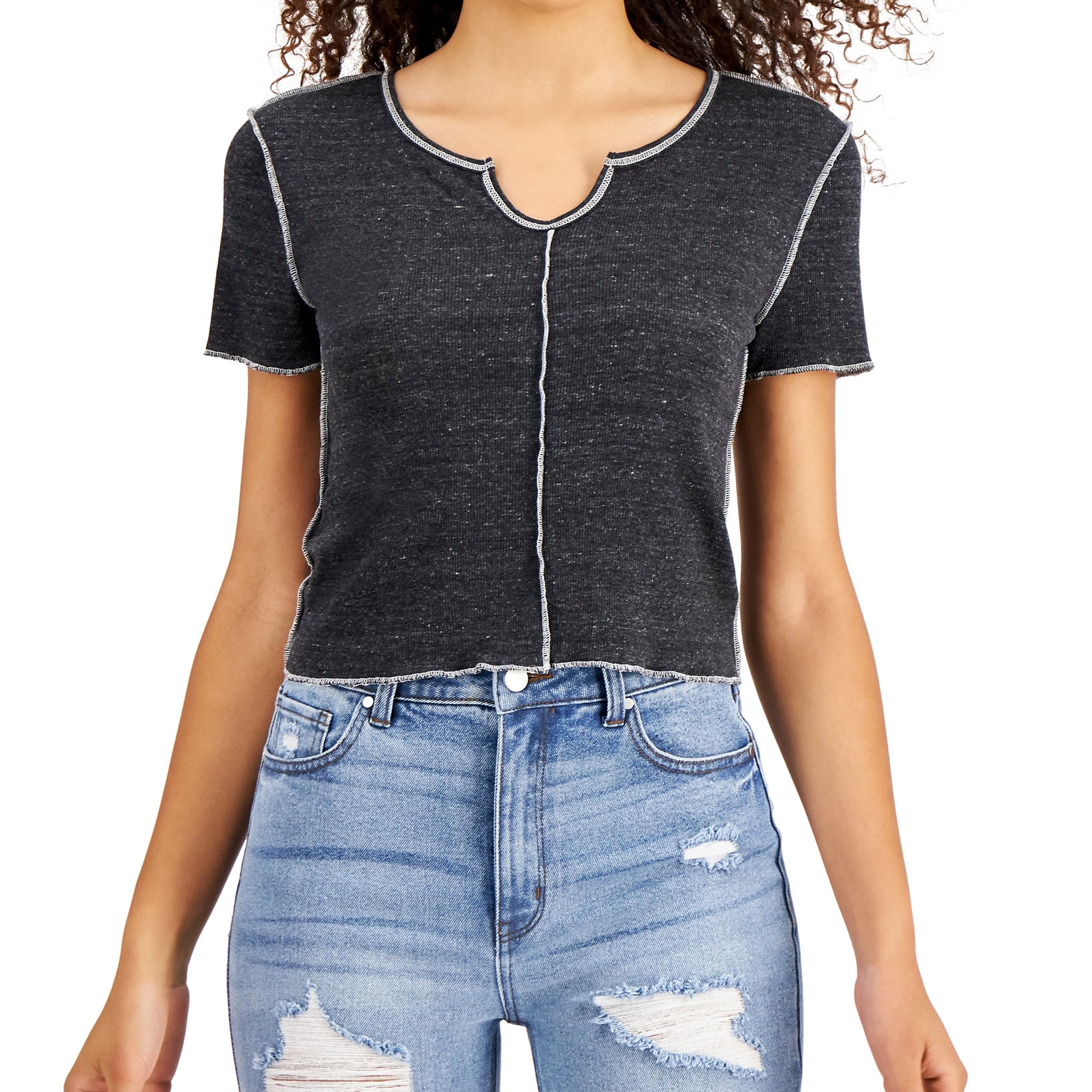 Hooked Up by IOT Women Contrast Stitch Seam Top Black White