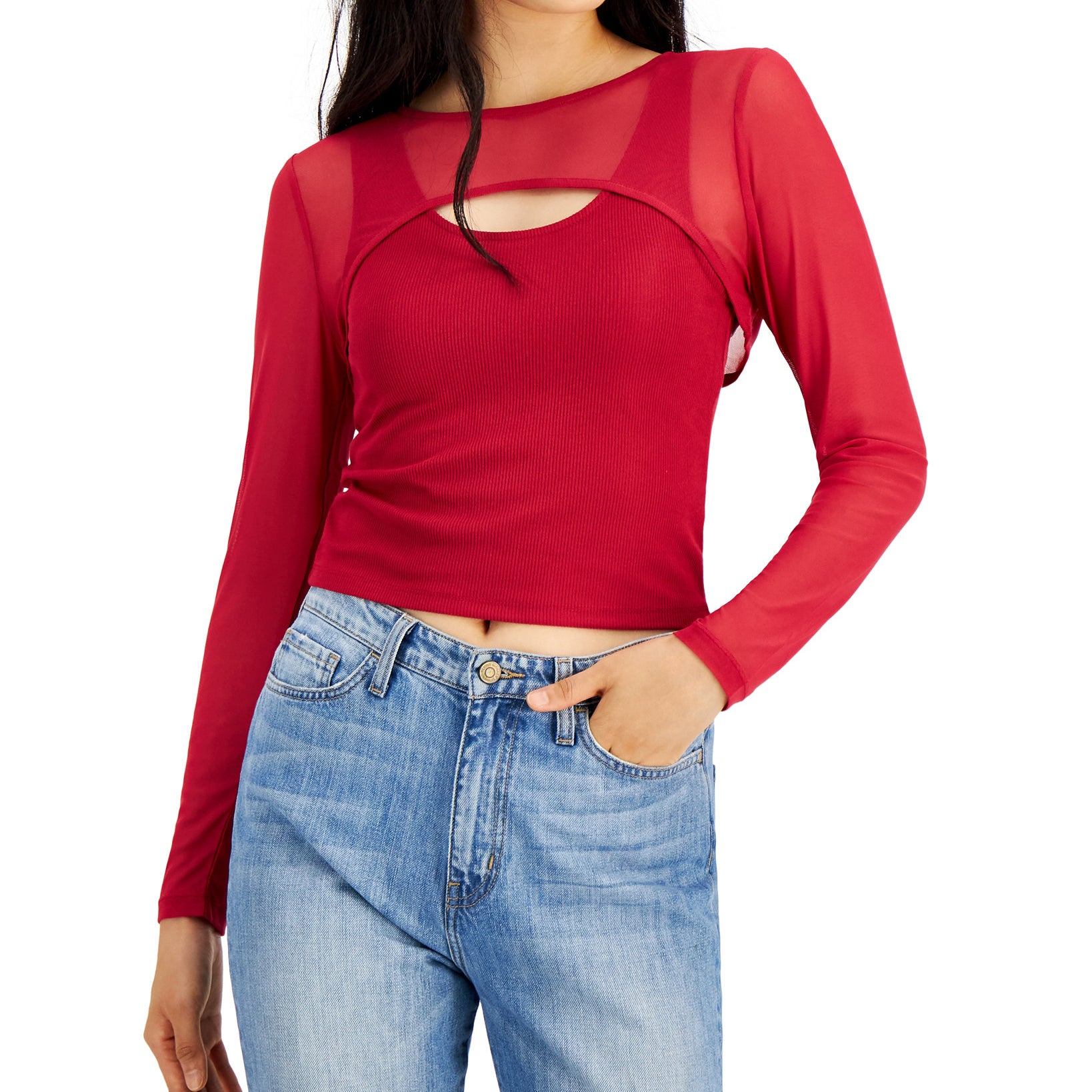 Crave Fame Women 2 Pc. Mesh Bolero Tank Top Set Persian Red