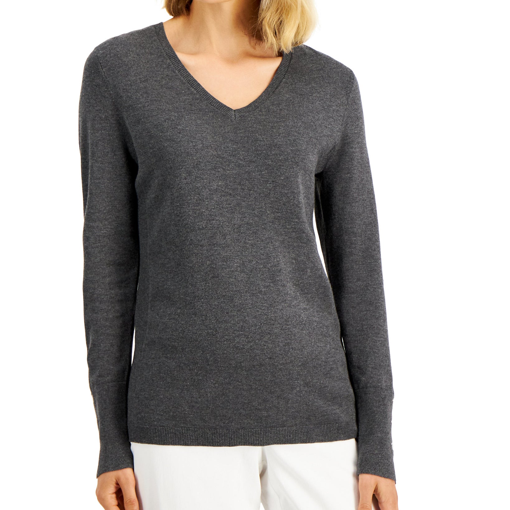 JM Collection Women Button Cuff V Neck Sweater Charcoal Heather