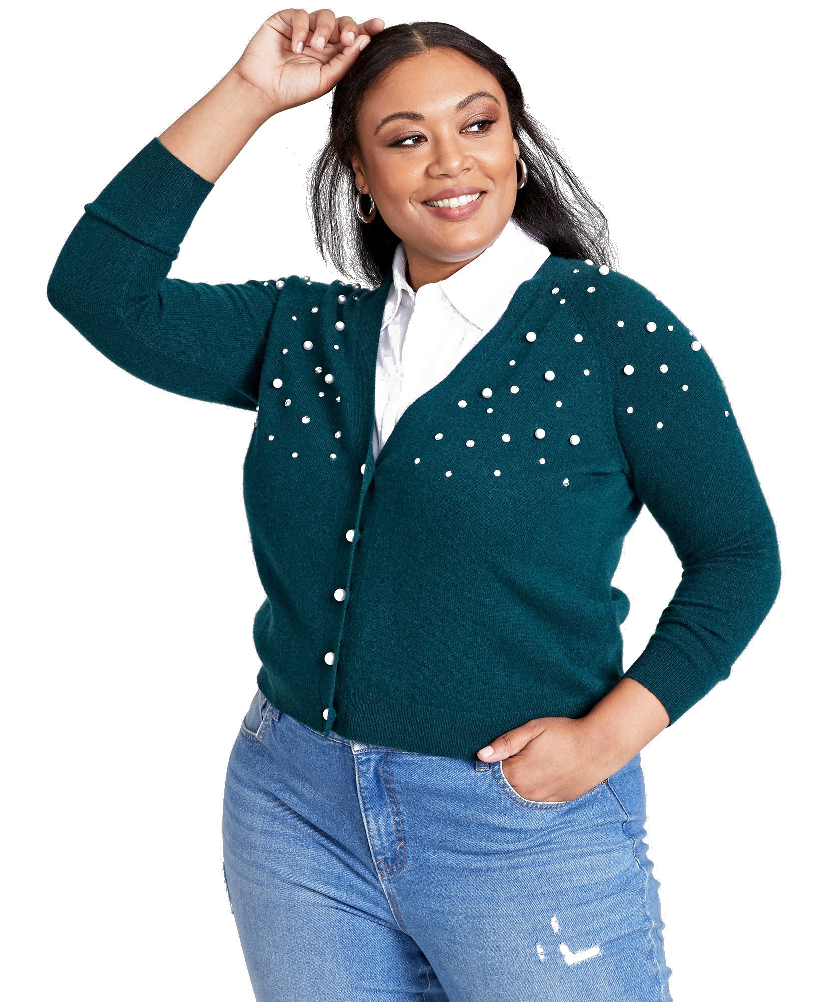 Charter Club Women Plus Beaded Cashmere Cardigan Deep Alpine