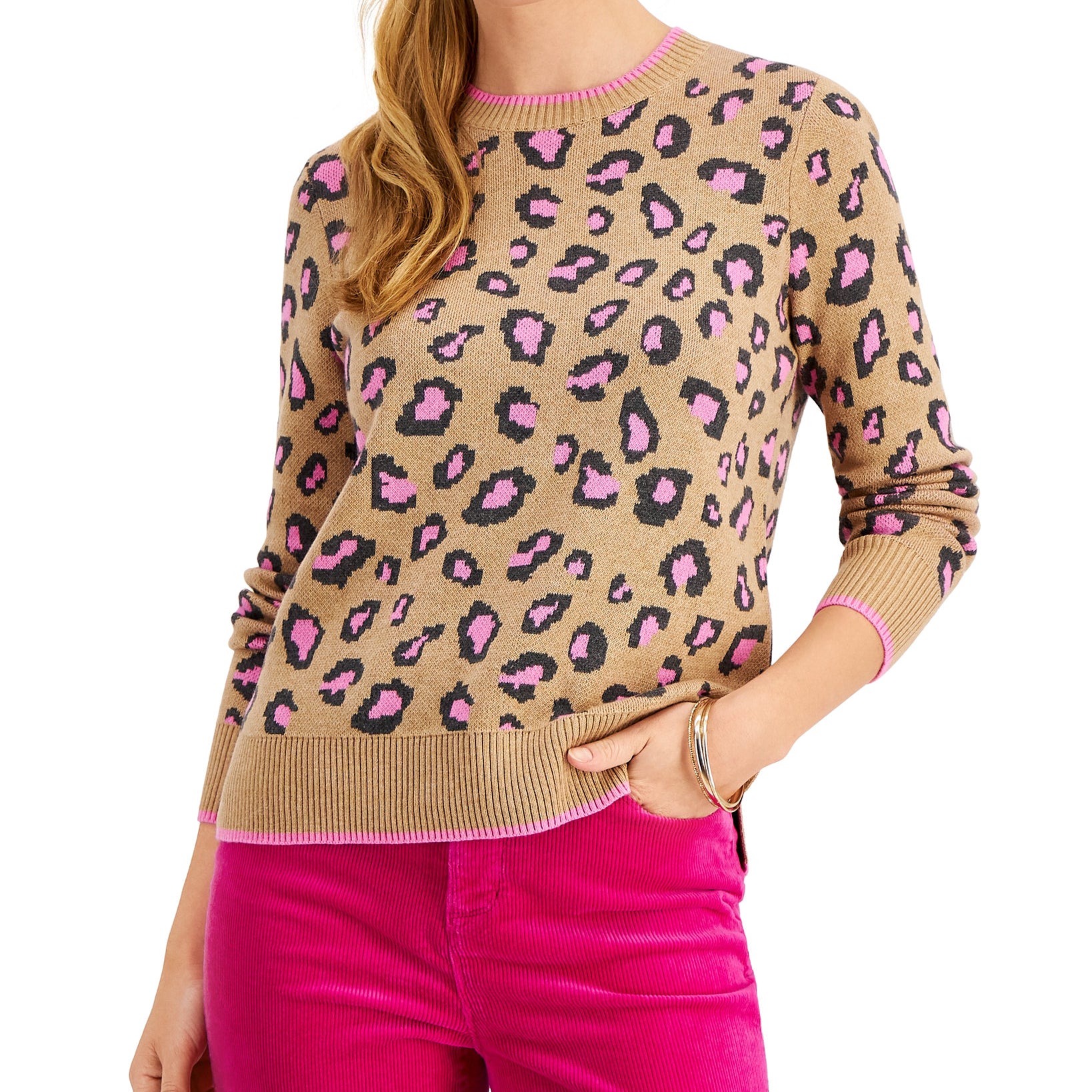 Charter Club Women Animal Print Sweater Warm Camel Heather Combo