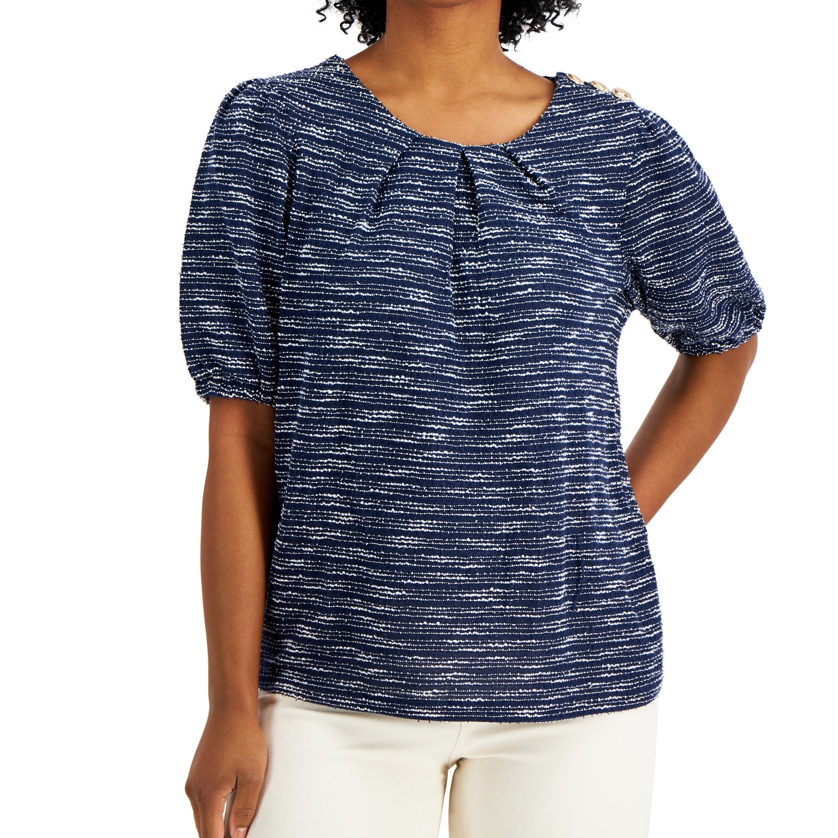 Charter Club Women Boucle Pleated Neck Top