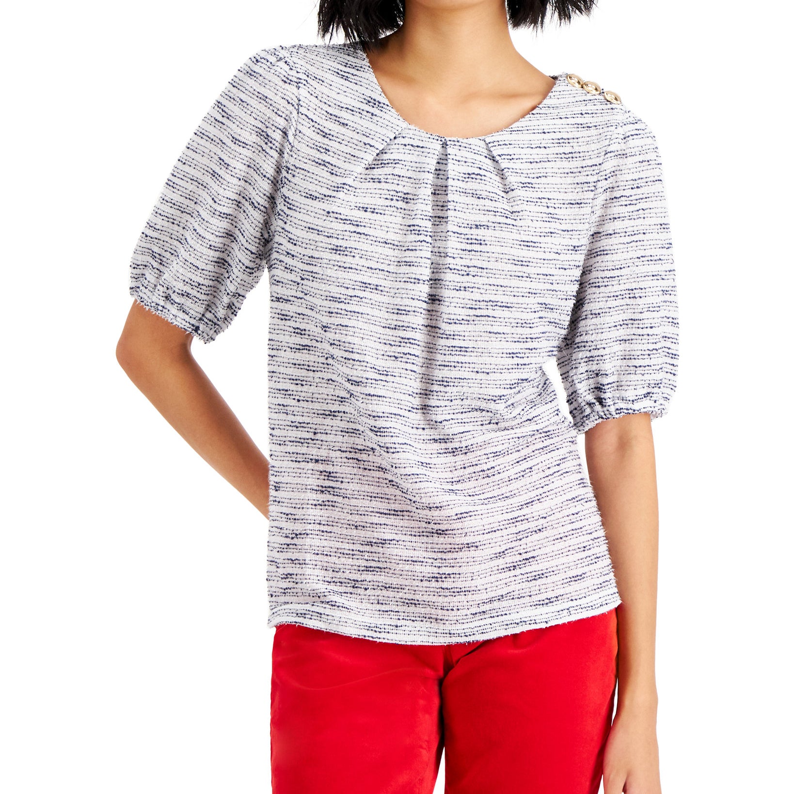 Charter Club Women Boucle Pleated Neck Top Cream Combo
