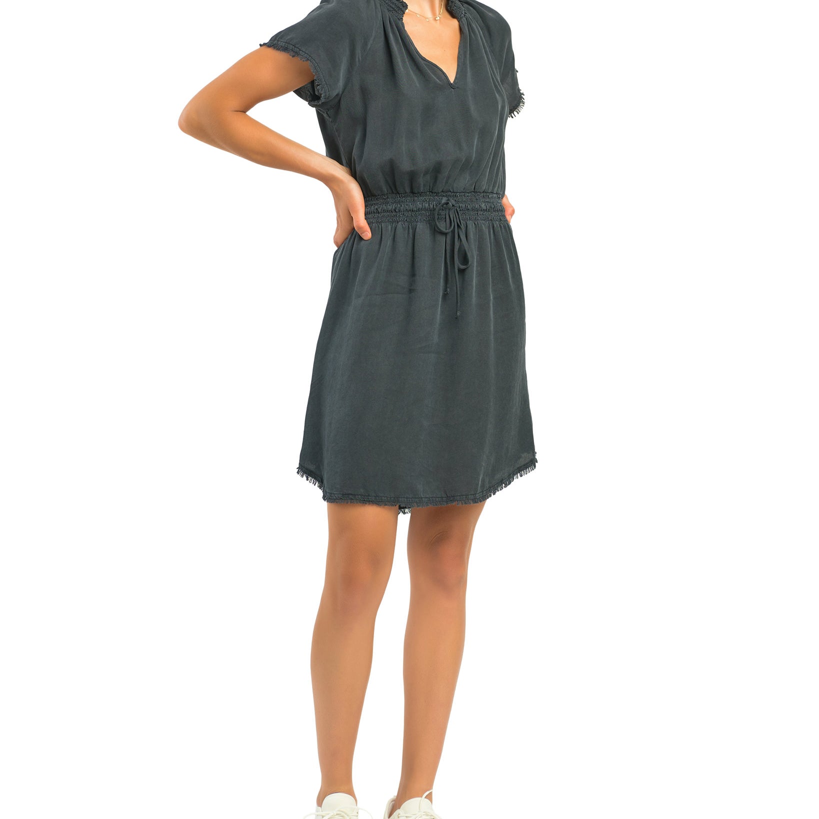 Black Tape Women Elastic Waist Frayed Hem Dress Black Wash